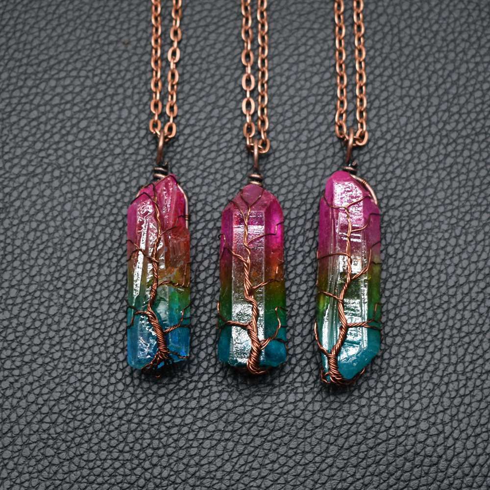 Rainbow Crystal Stone Necklace – Tree of Life Pendant for Positive Energy & Style