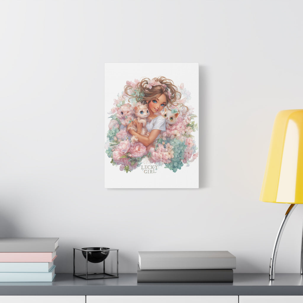 Lucky Girl with Kittens Canvas | Matte Stretched Wall Art