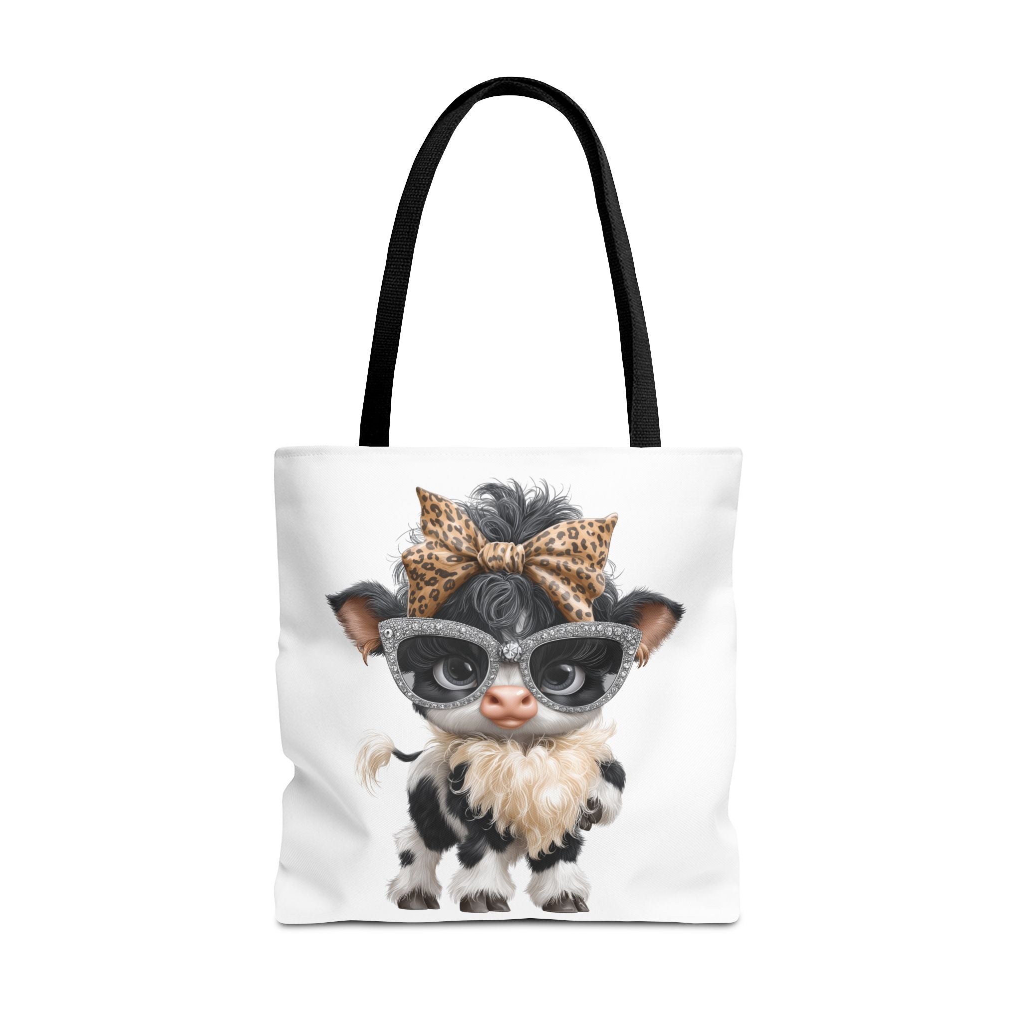 Fashion Cow Tote Bag, Stylish Calf with Leopard Bow and Sunglasses, Animal Art Bag