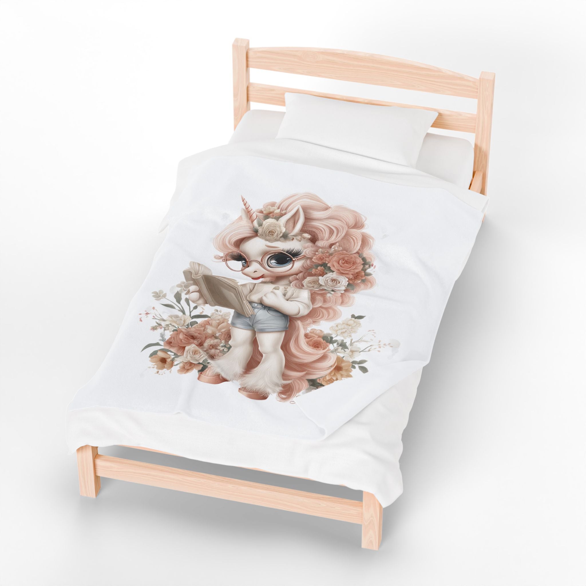 Unicorn Reading Plush Blanket | Velveteen Throw with Pastel Floral Design | Cozy Book Lover Gift | Kids Bedroom Decor