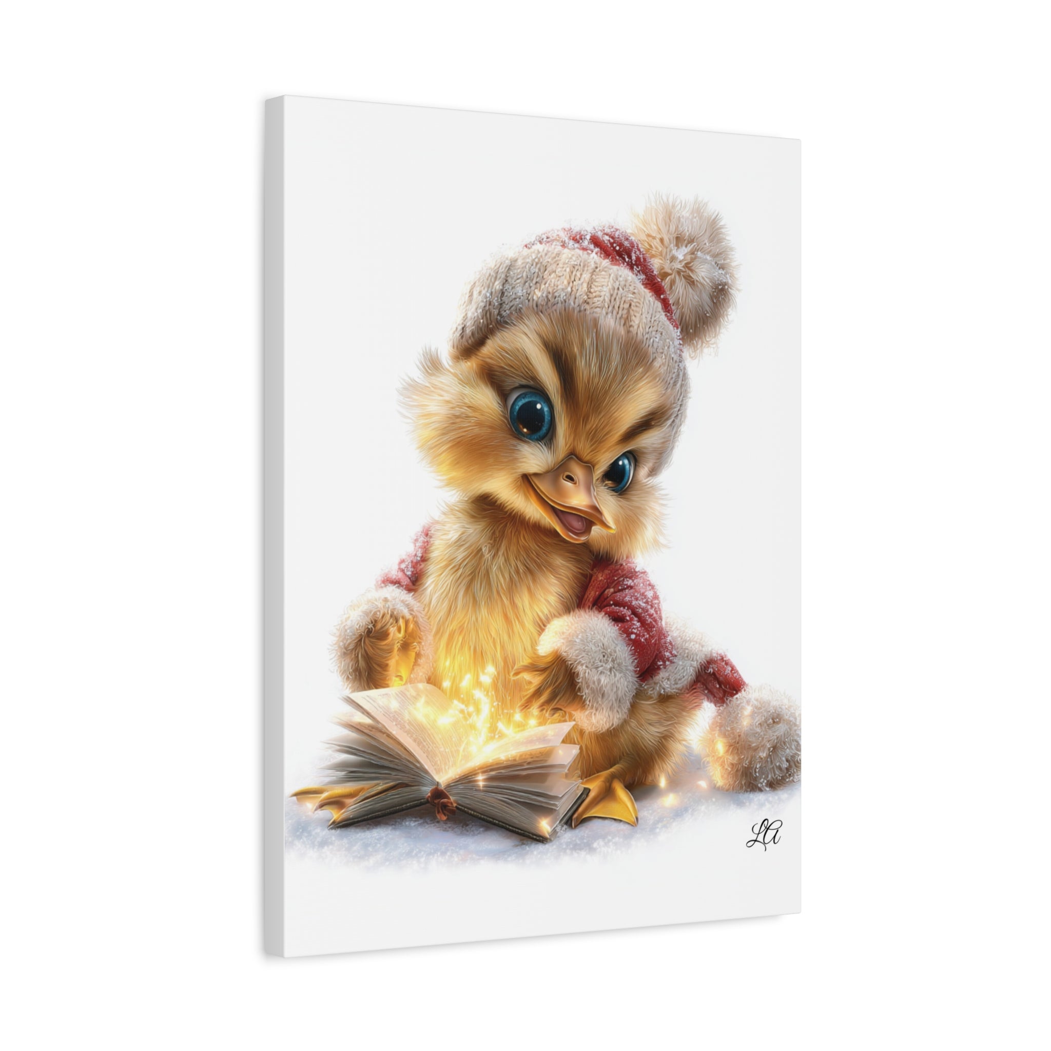 Winter Duckling Canvas Art, Christmas Chick Reading Book Print, Cozy Nursery Wall Decor.