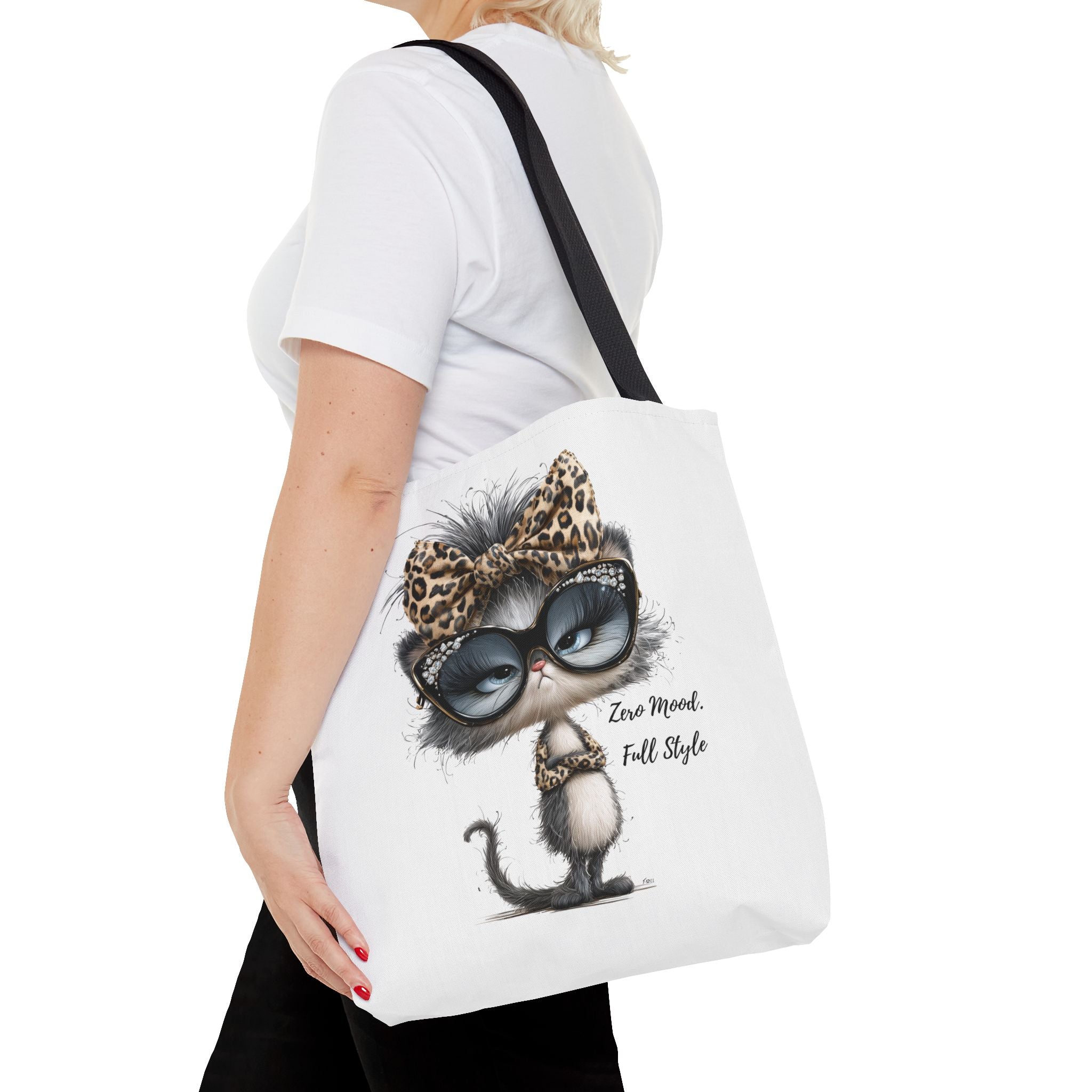 Leopard Bow Kitty Tote, Cute Cat Lover Gift, Illustrated Shoulder Bag