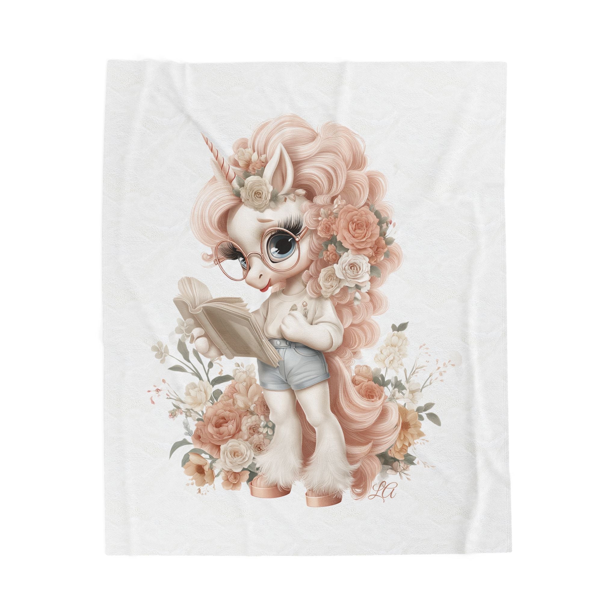 Unicorn Reading Plush Blanket | Velveteen Throw with Pastel Floral Design | Cozy Book Lover Gift | Kids Bedroom Decor