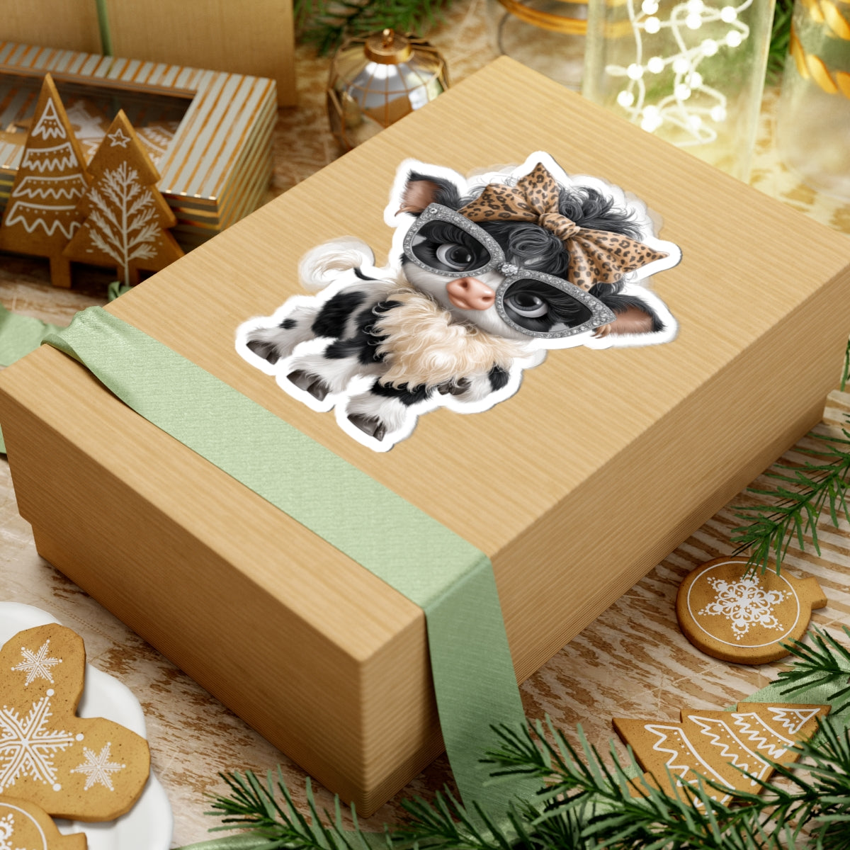 Cow Calf with Leopard Bow Sticker | Farm Animal Kiss-Cut Sticker