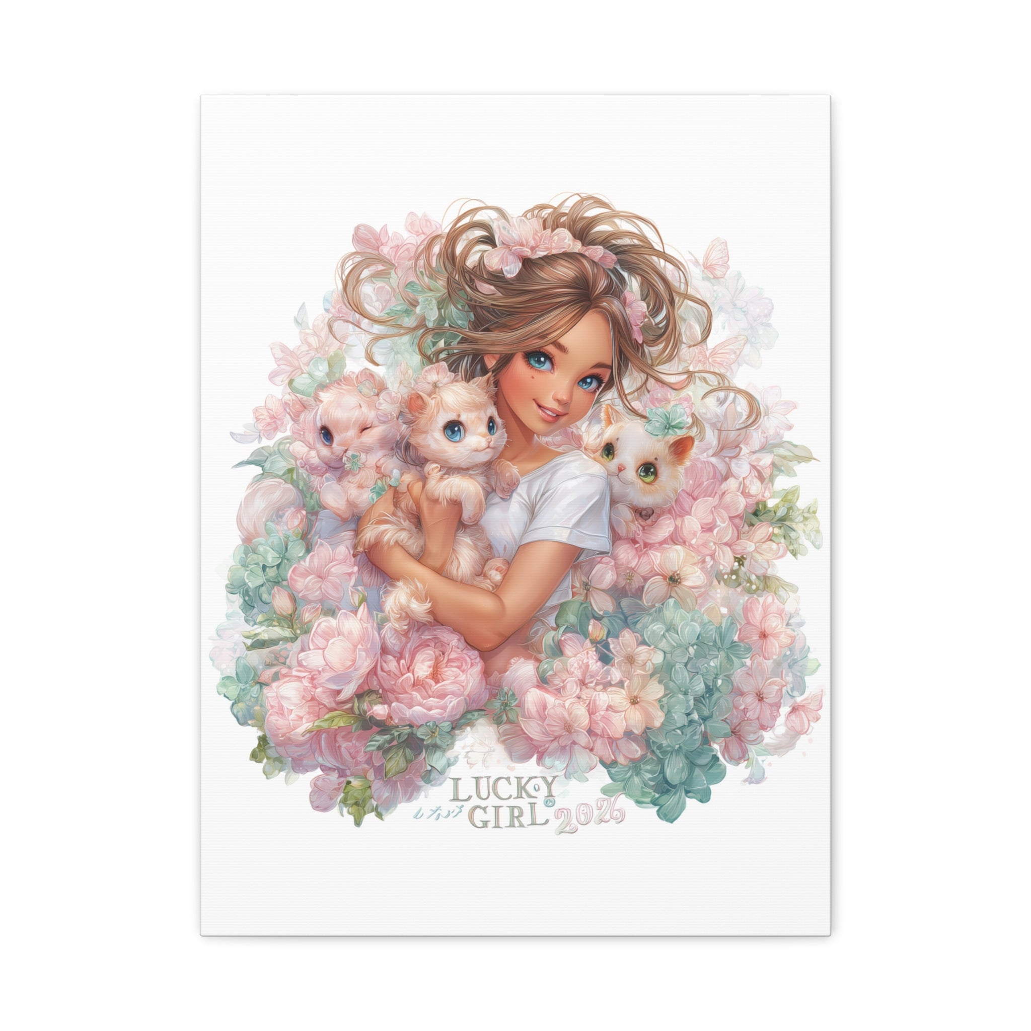 Lucky Girl 2026 Canvas Wall Art | Girl with Kittens Floral Print | Pastel Cute Aesthetic Decor | Kawaii Cat Lover Gift