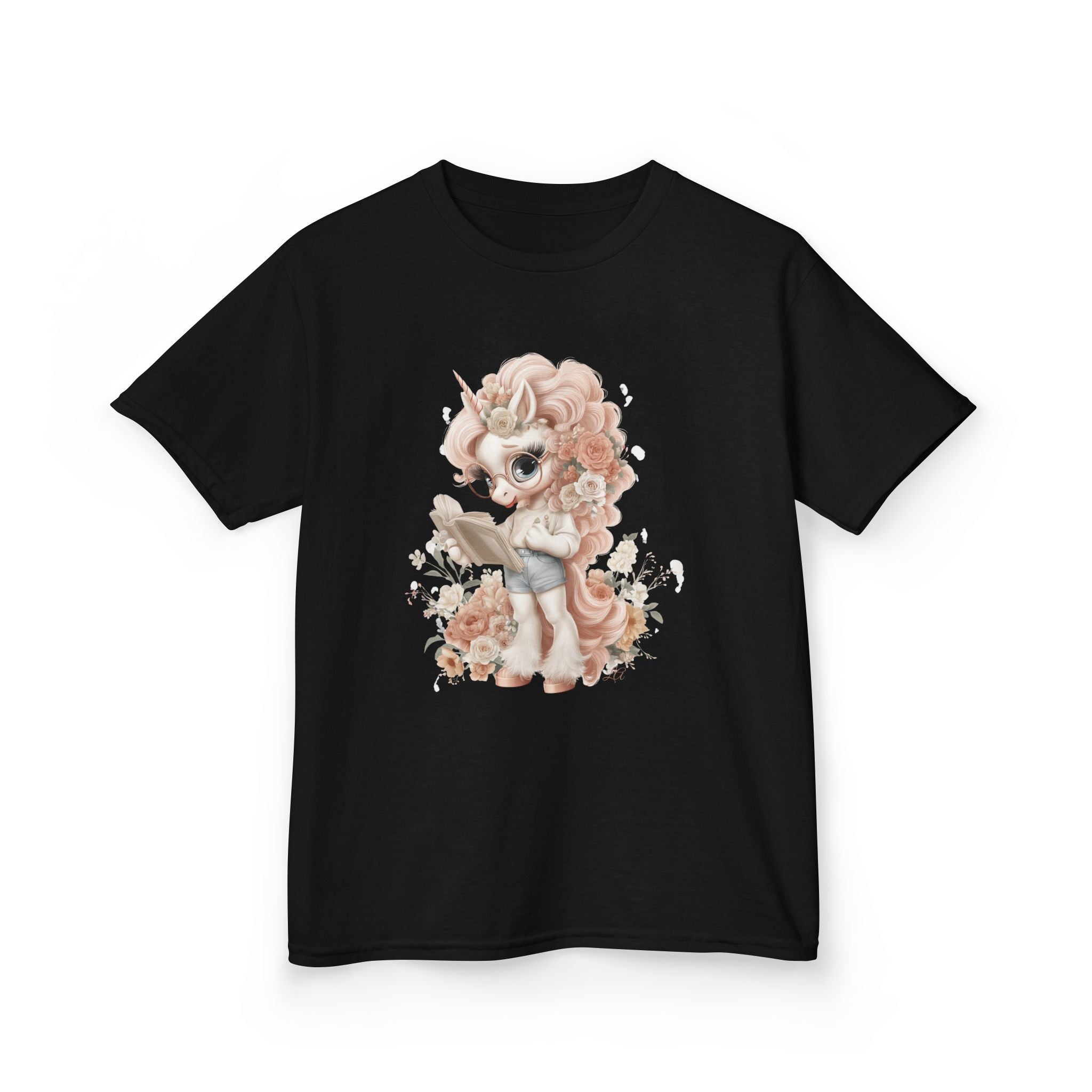 Reading Unicorn Girl T-Shirt | Kawaii Storybook Kids Tee | Pastel Floral Unicorn Shirt for Girls
