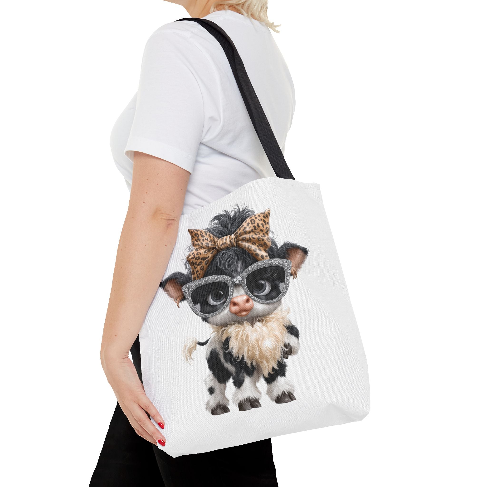 Fashion Cow Tote Bag, Stylish Calf with Leopard Bow and Sunglasses, Animal Art Bag