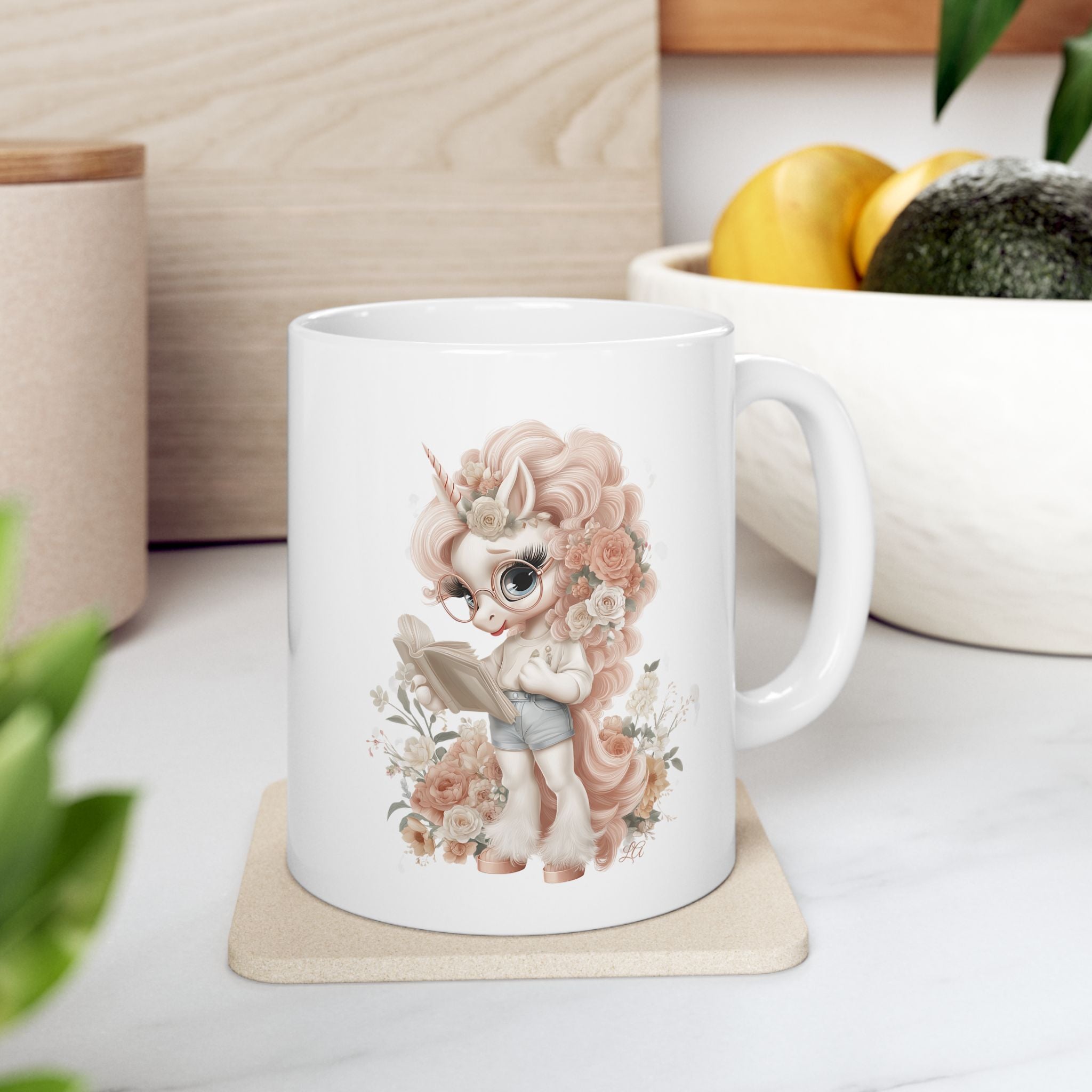Whimsical Reading Unicorn, Mug Cute Floral Coffee Cup, 11oz, Pastel Aesthetic Gift for Girls