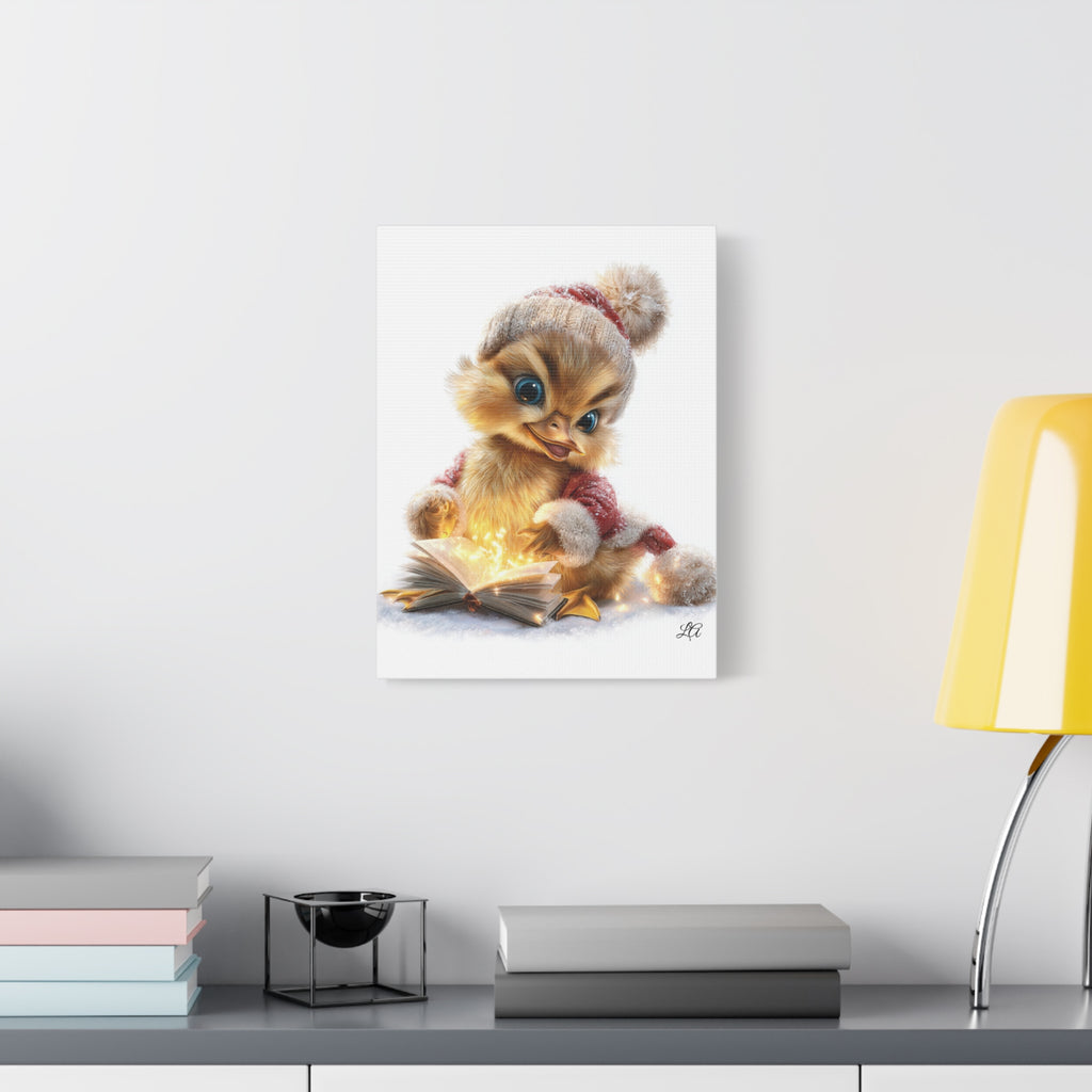 Winter Duckling Canvas Art, Christmas Chick Reading Book Print, Cozy Nursery Wall Decor.