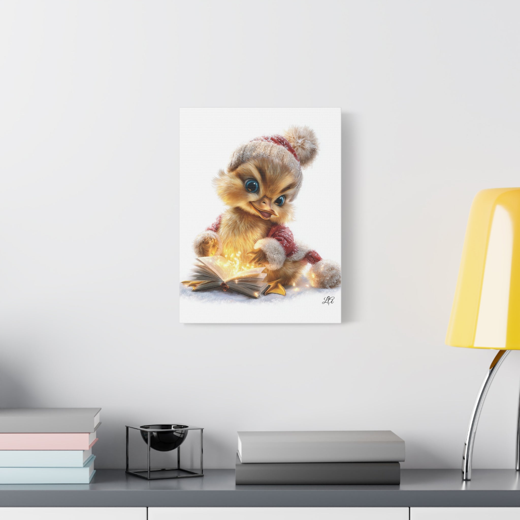 Winter Duckling Canvas Art, Christmas Chick Reading Book Print, Cozy Nursery Wall Decor.