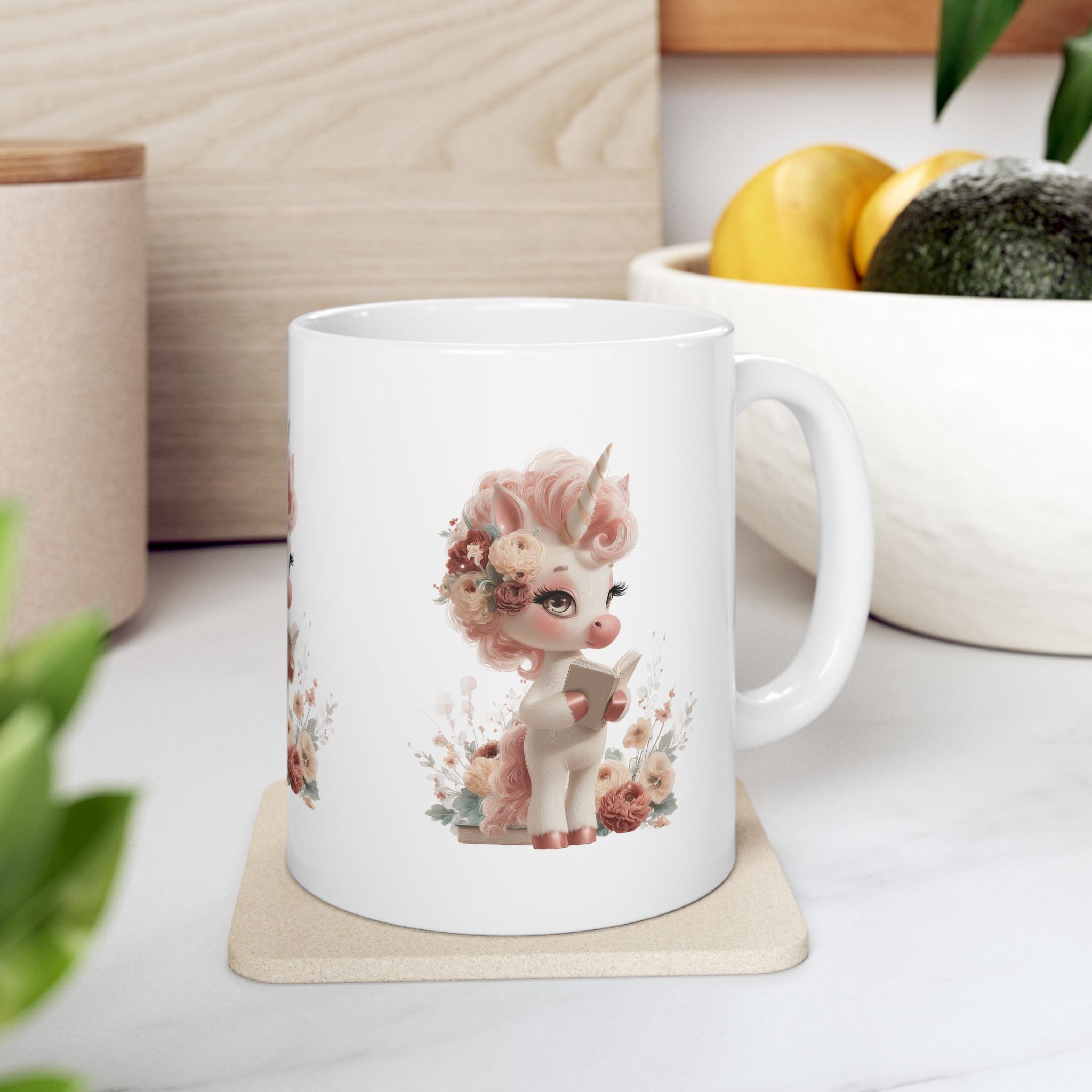 Unicorn Coffee Mug, 11oz Pastel Floral Cup, Whimsical Reading Unicorn Mug