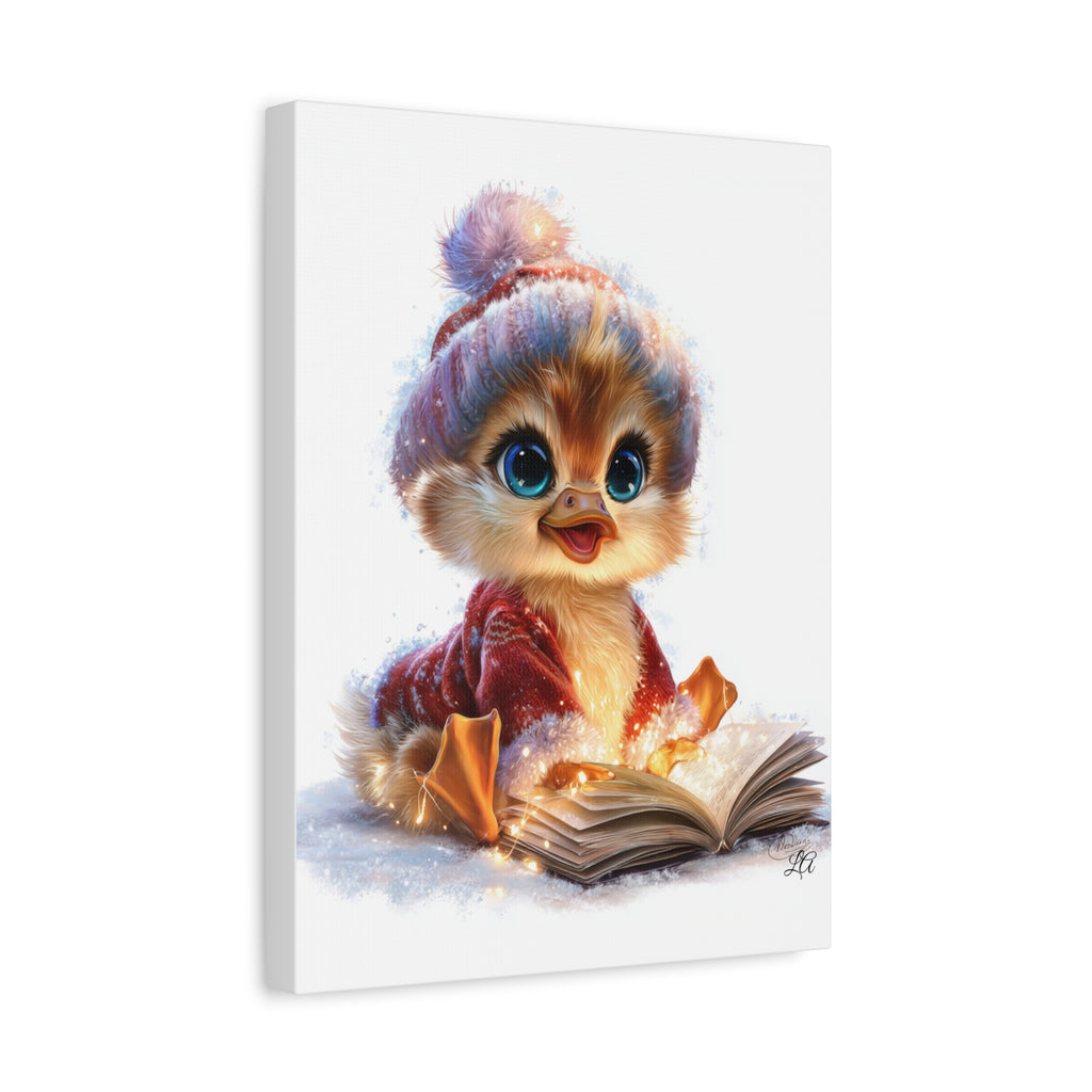Cute Chick Reading Book Canvas Art, Nursery Wall Decor, Winter Duckling Print, Storybook Kids Room Decor