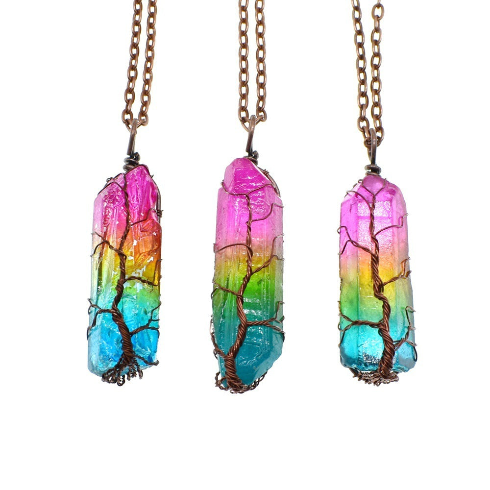 Rainbow Crystal Stone Necklace – Tree of Life Pendant for Positive Energy & Style