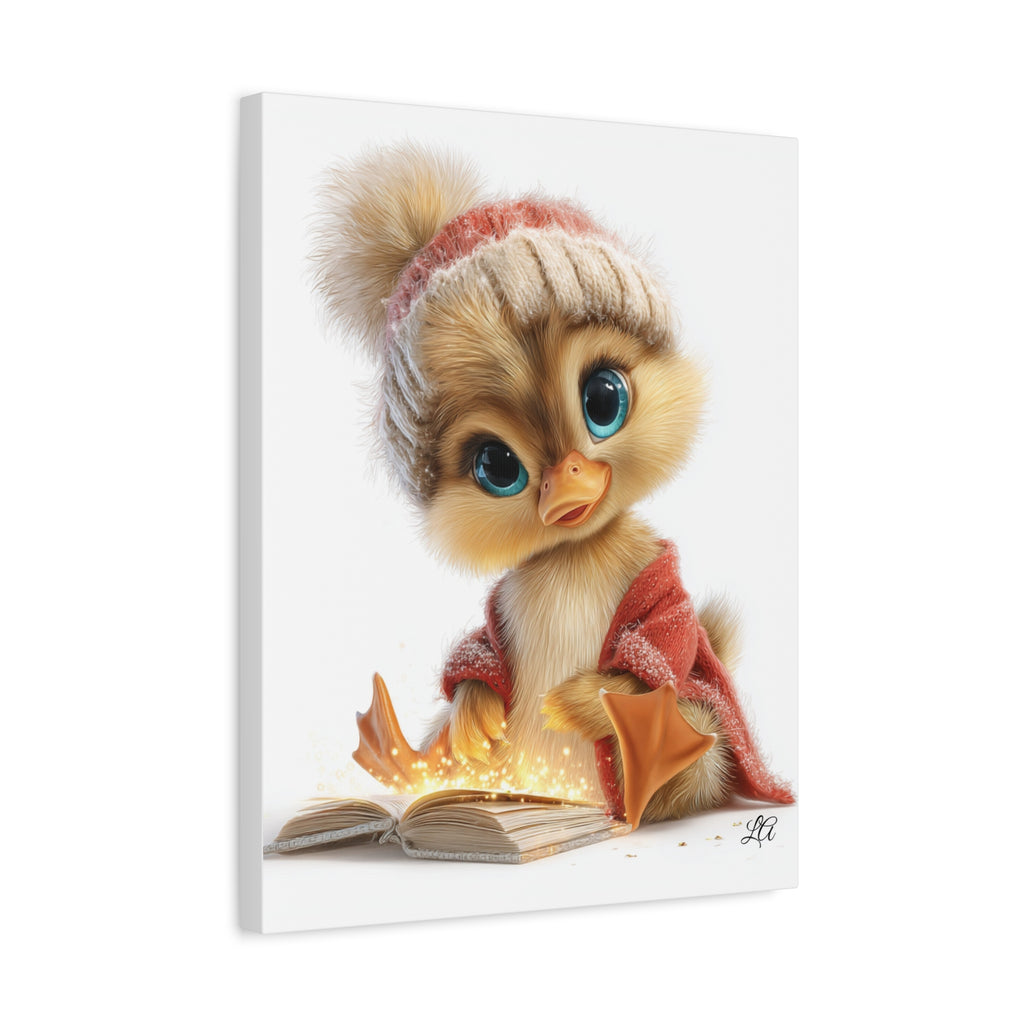 Winter Duckling Canvas Art, Cozy Chick Reading Book Print, Christmas Nursery Wall Decor, Storybook Kids Room Art
