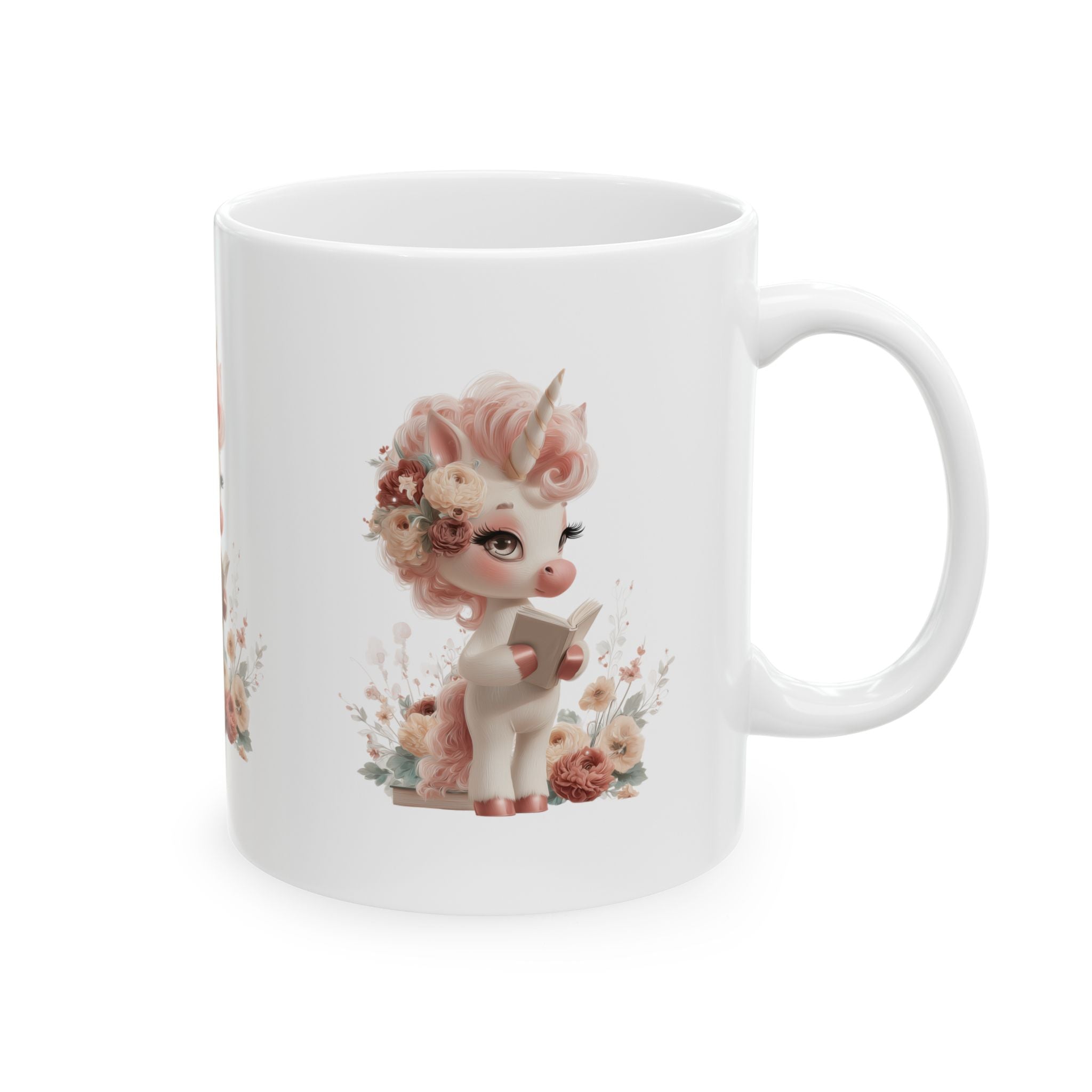 Unicorn Coffee Mug, 11oz Pastel Floral Cup, Whimsical Reading Unicorn Mug