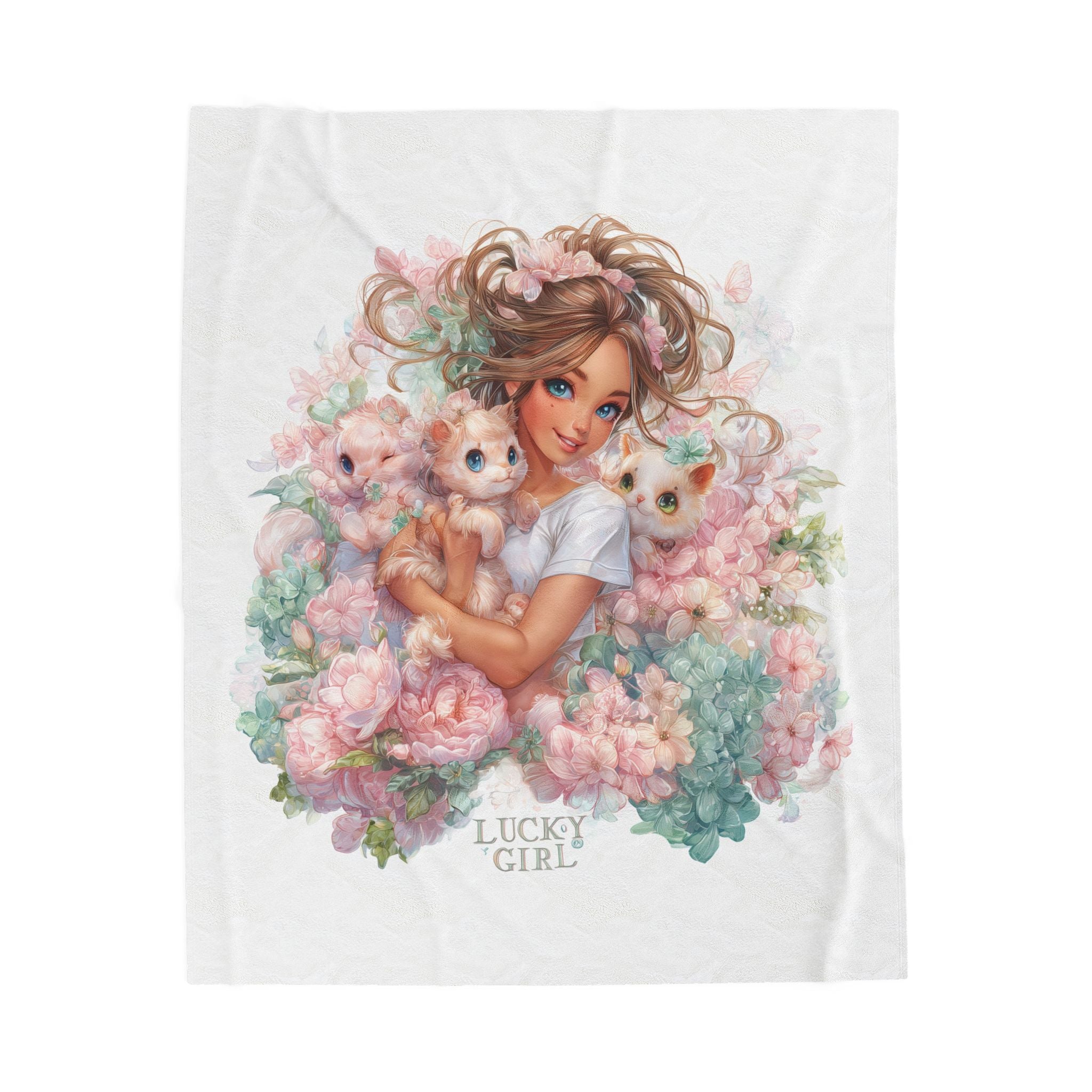 Lucky Girl Plush Blanket | Cute Girl with Kittens Velveteen Throw | Pastel Floral Cozy Blanket | Kawaii Cat Lover Gift