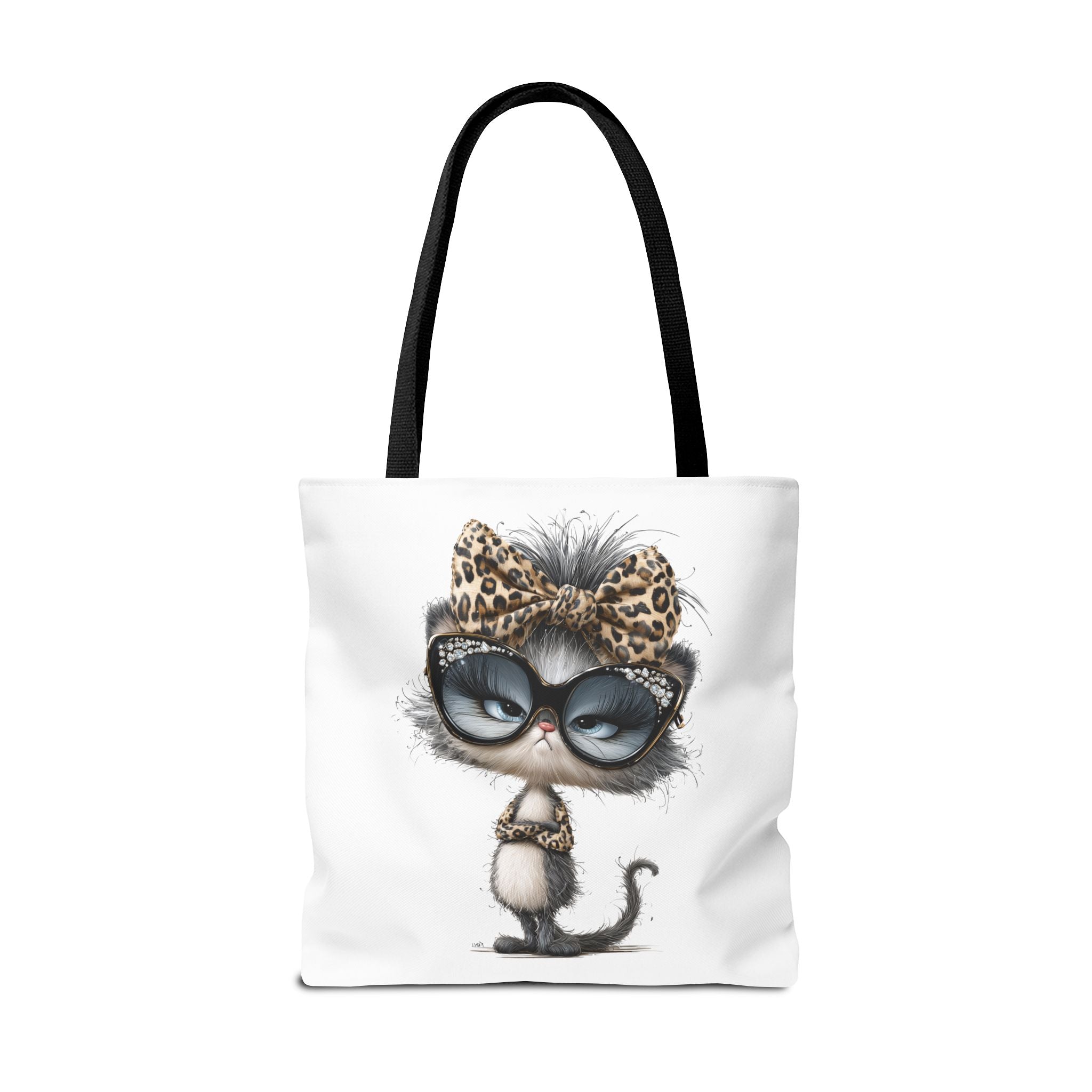 Leopard Bow Kitty Tote, Cute Cat Lover Gift, Illustrated Shoulder Bag