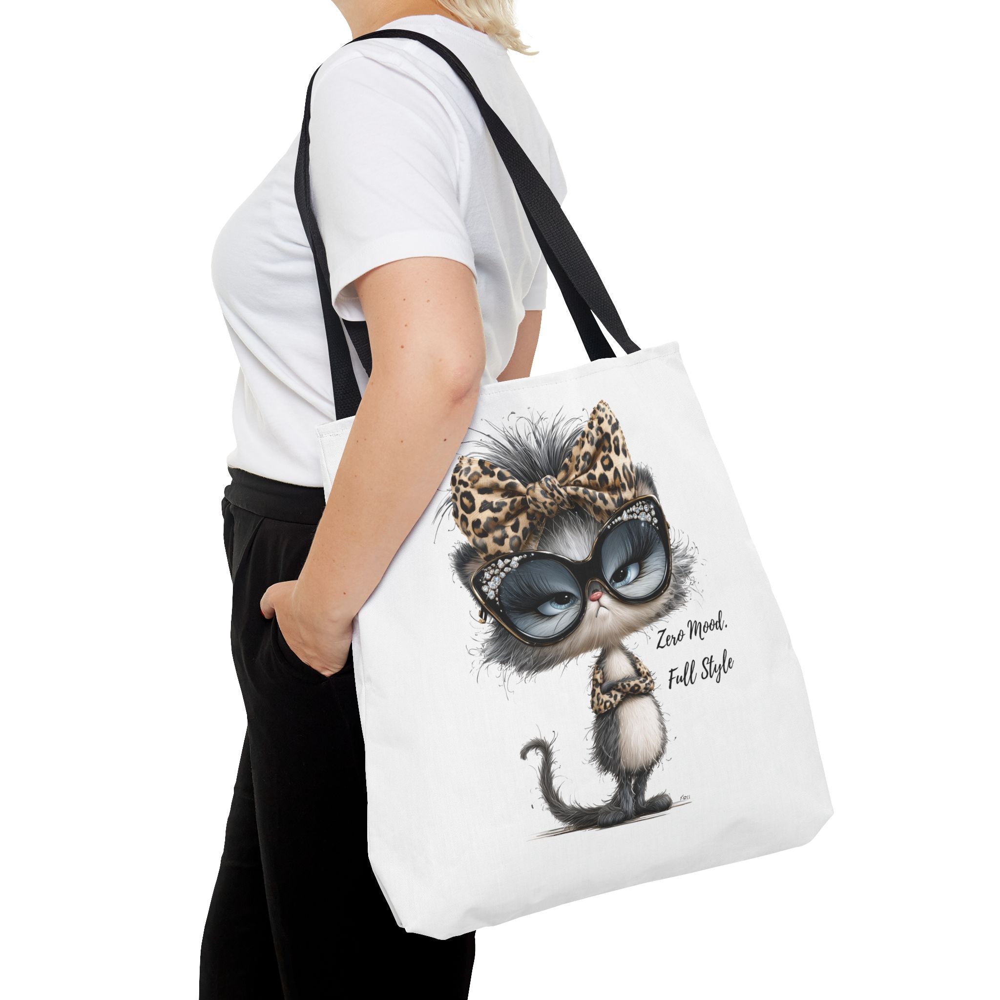 Leopard Bow Kitty Tote, Cute Cat Lover Gift, Illustrated Shoulder Bag