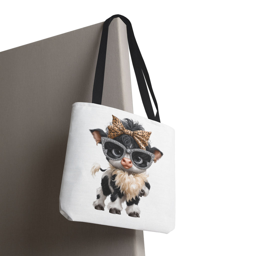 Fashion Cow Tote Bag, Stylish Calf with Leopard Bow and Sunglasses, Animal Art Bag