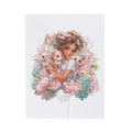Lucky Girl Plush Blanket | Cute Girl with Kittens Velveteen Throw | Pastel Floral Cozy Blanket | Kawaii Cat Lover Gift