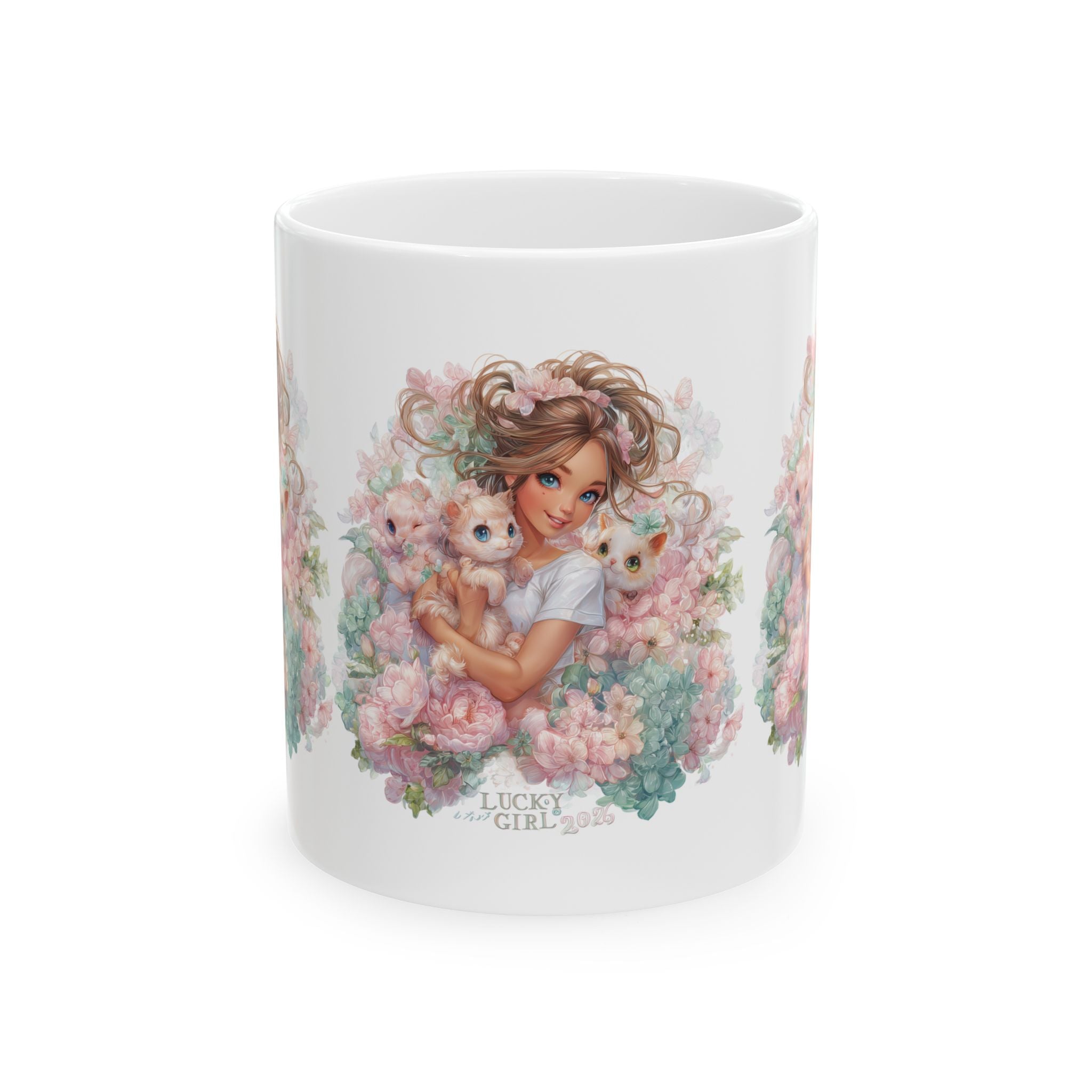 Lucky Girl 2026 All Over Print Mug | Pastel Floral Pattern Cup | Kawaii Cat Lover Gift | Manifestation Coffee Mug