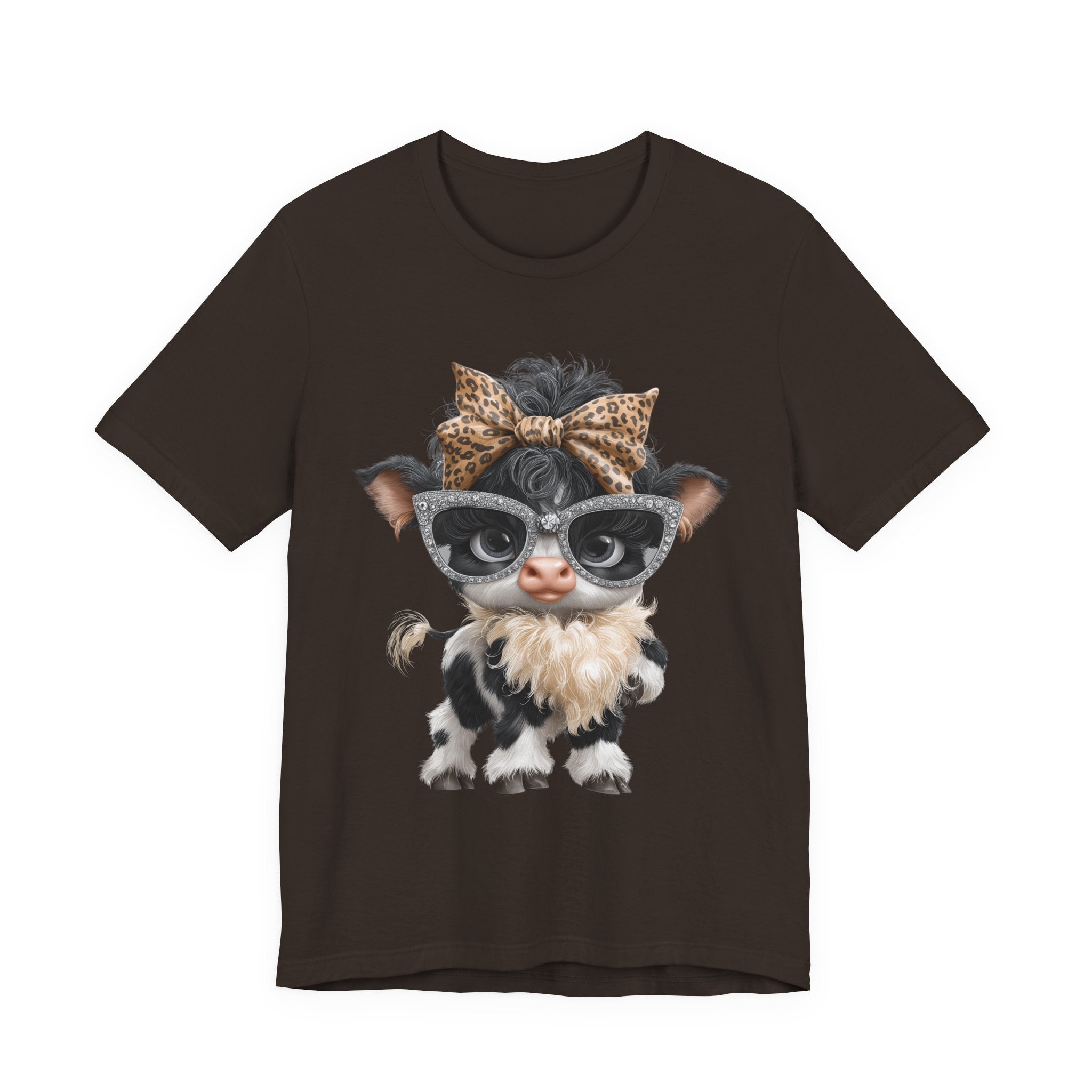 Stylish Cow Calf with Glasses and Leopard Bow T-Shirt