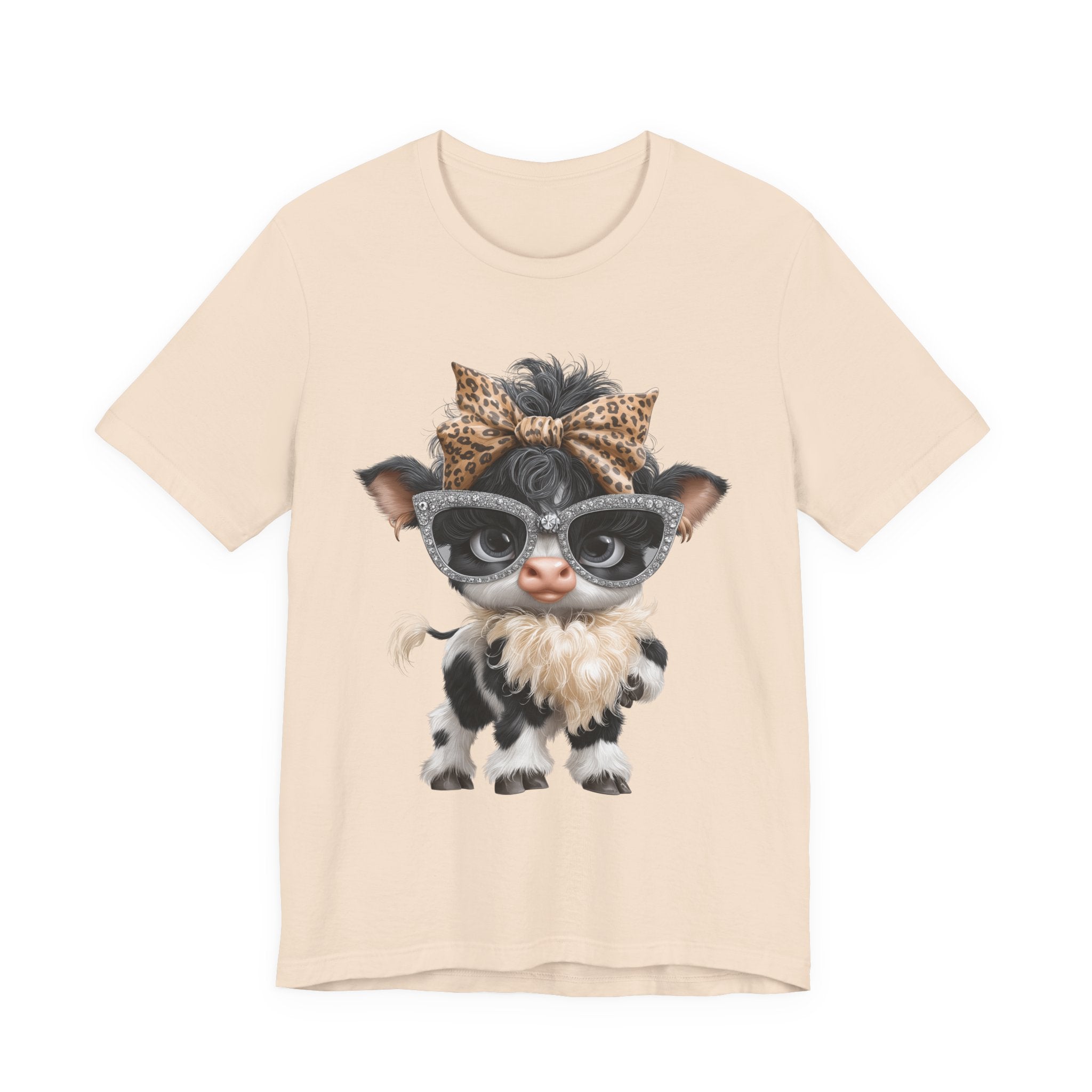 Stylish Cow Calf with Glasses and Leopard Bow T-Shirt