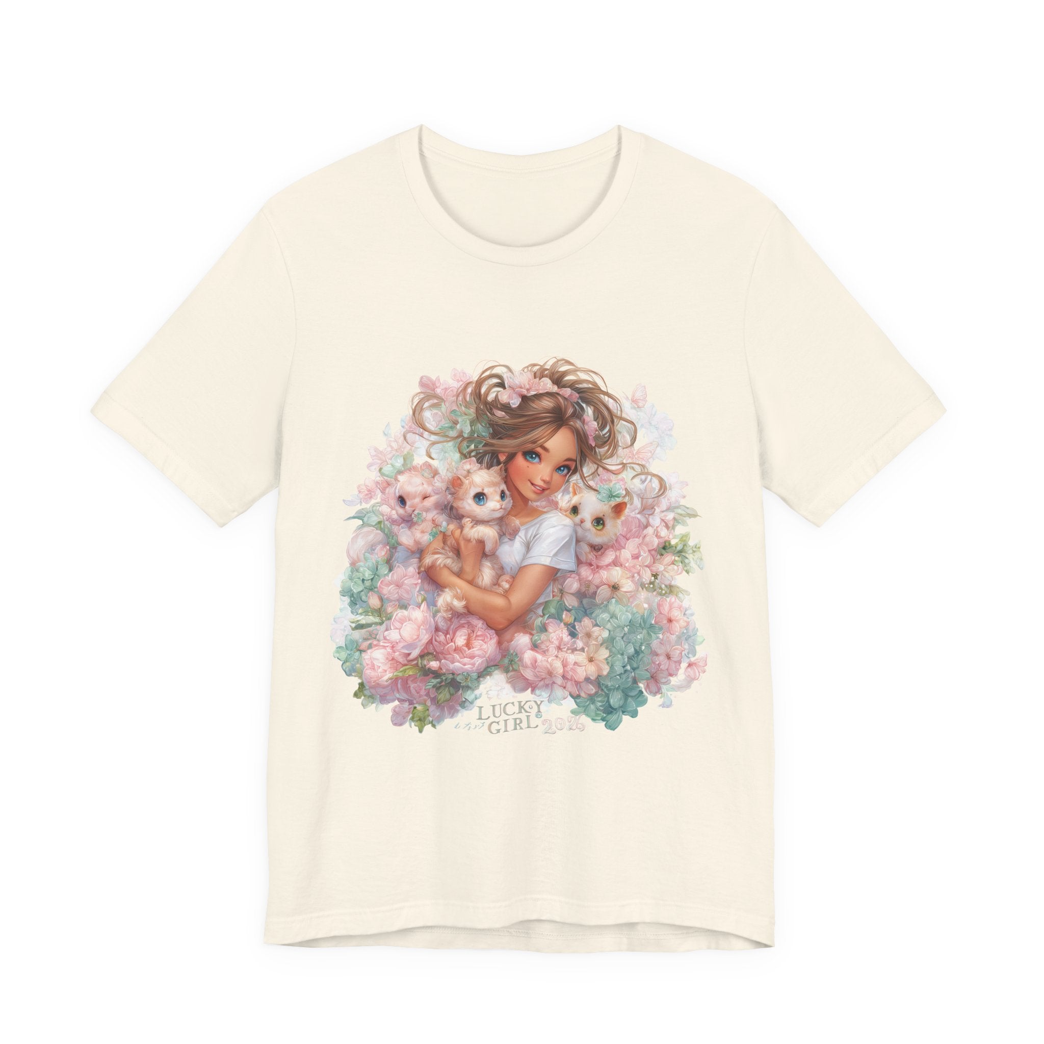 Lucky Girl 2026 Floral Aesthetic T-Shirt , Soft Girl Graphic Tee Cute Pastel Flowers Shirt, Fairycore Vintage Art Tee, Feminine Graphic Top
