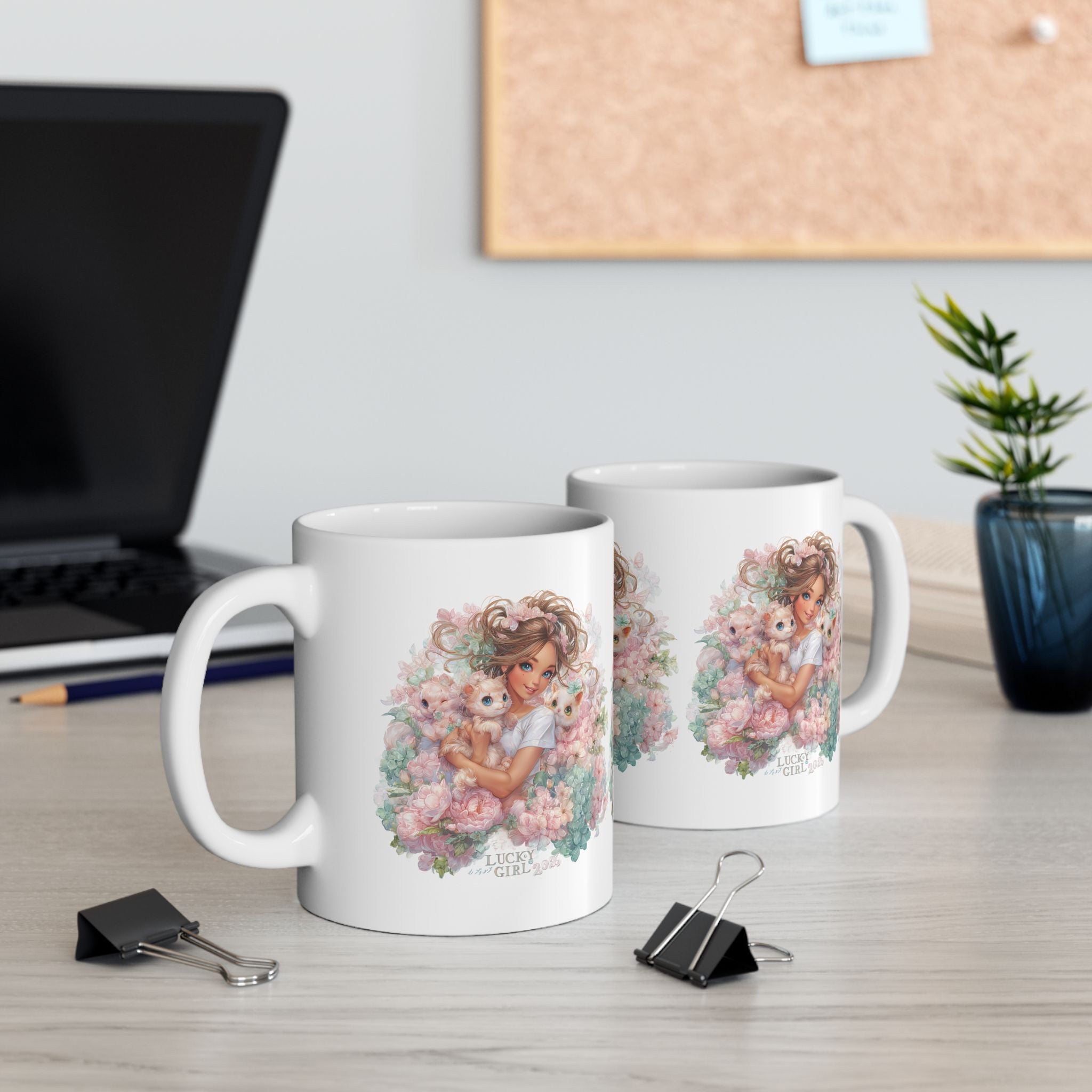 Lucky Girl 2026 All Over Print Mug | Pastel Floral Pattern Cup | Kawaii Cat Lover Gift | Manifestation Coffee Mug