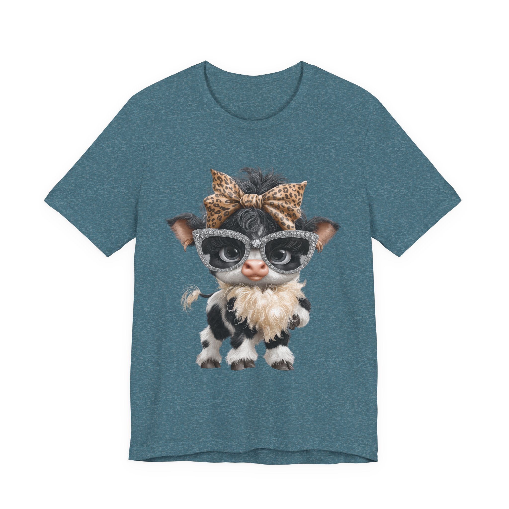 Stylish Cow Calf with Glasses and Leopard Bow T-Shirt