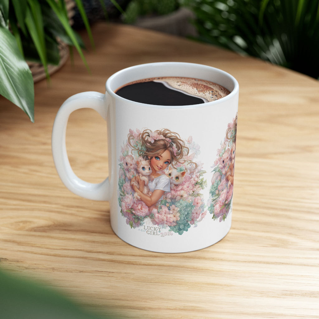 Lucky Girl 2026 All Over Print Mug | Pastel Floral Pattern Cup | Kawaii Cat Lover Gift | Manifestation Coffee Mug