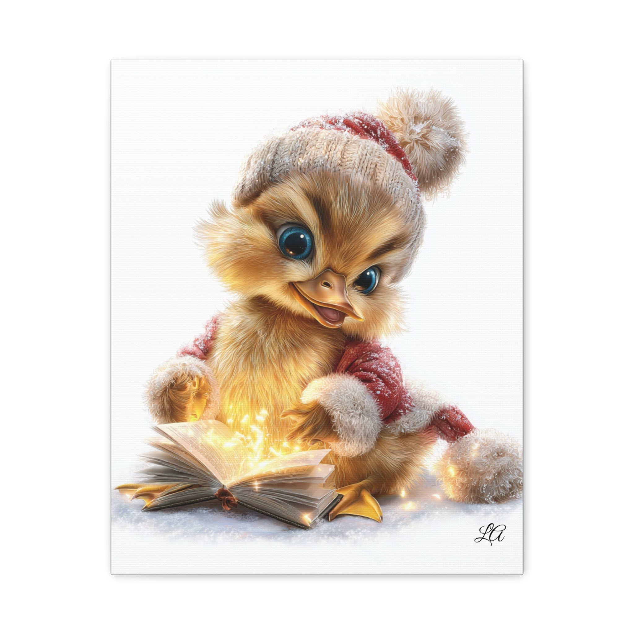 Winter Duckling Canvas Art, Christmas Chick Reading Book Print, Cozy Nursery Wall Decor.