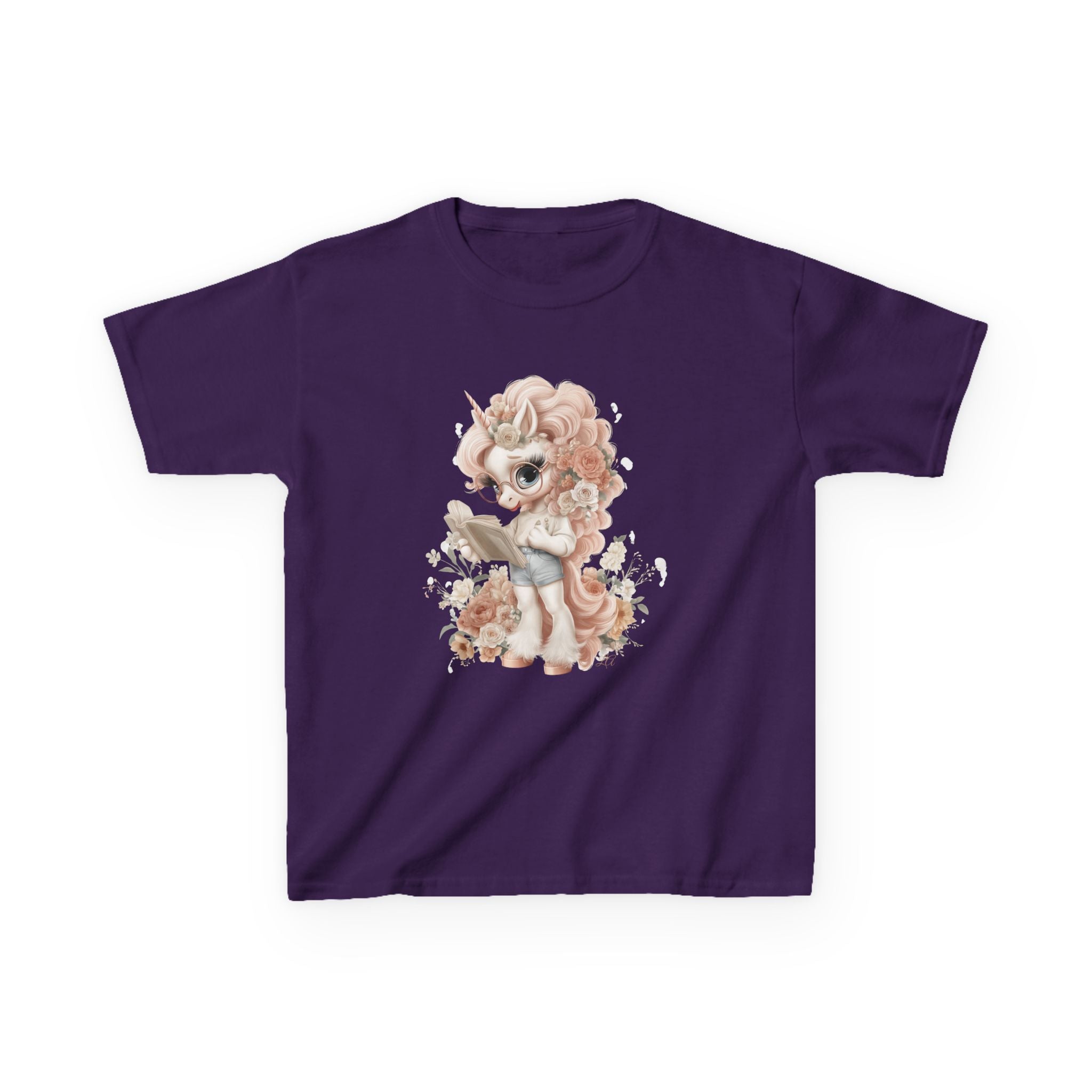 Reading Unicorn Girl T-Shirt | Kawaii Storybook Kids Tee | Pastel Floral Unicorn Shirt for Girls