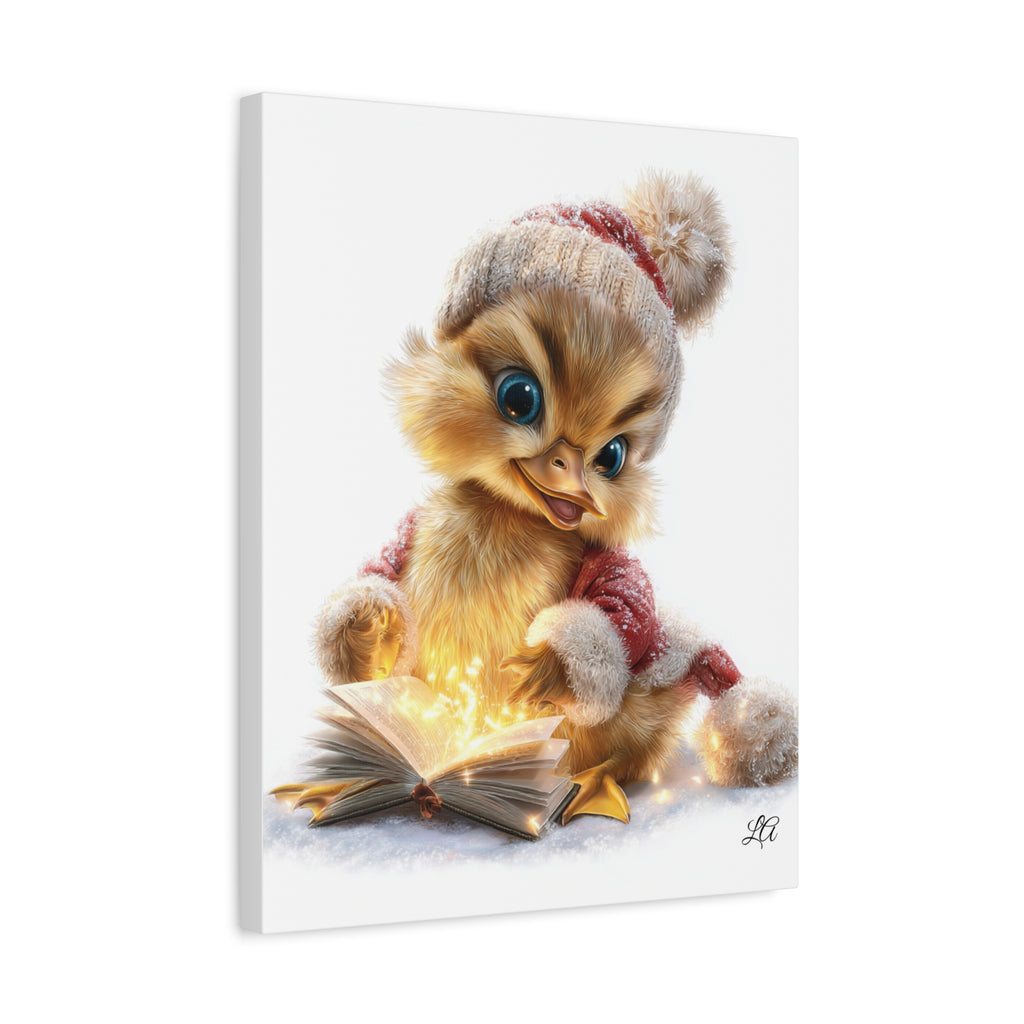 Winter Duckling Canvas Art, Christmas Chick Reading Book Print, Cozy Nursery Wall Decor.