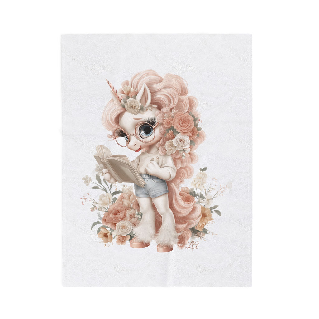 Cute Reading Unicorn Velveteen Plush Blanket | Floral Pastel Bookish Design