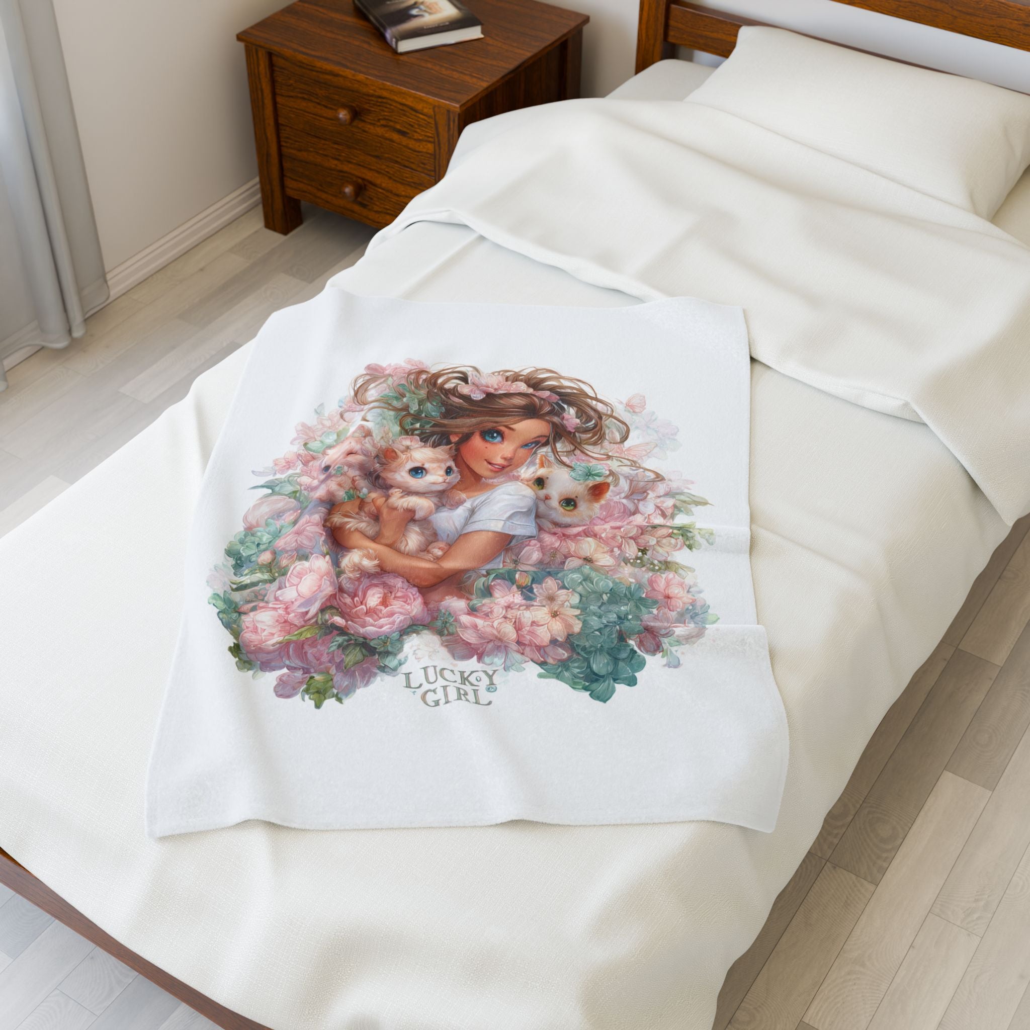 Lucky Girl Plush Blanket | Cute Girl with Kittens Velveteen Throw | Pastel Floral Cozy Blanket | Kawaii Cat Lover Gift