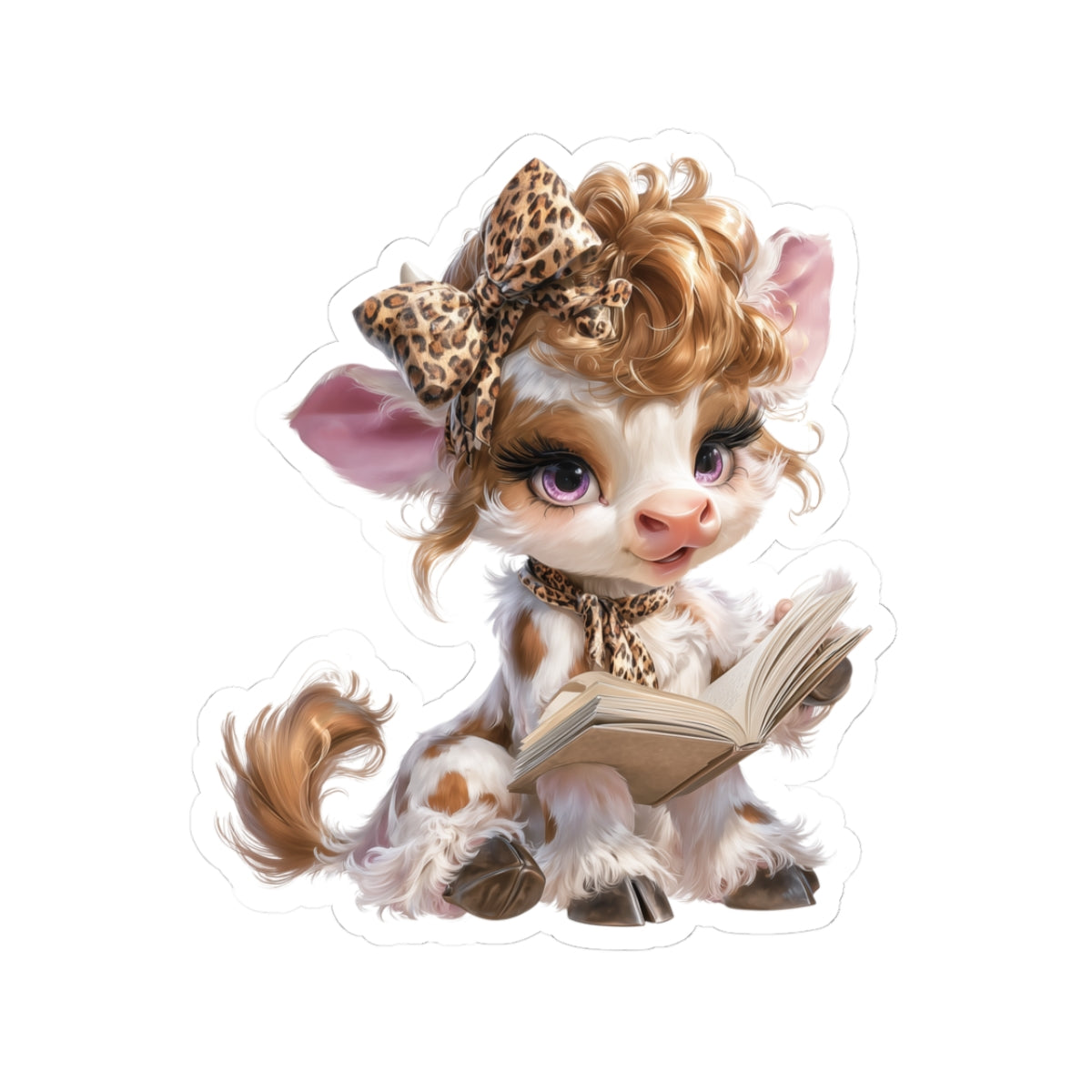 Leopard Bow Reading Vinyl Sticker, Funny Animal Kiss-Cut Sticker for Laptop, Journal & Water Bottle