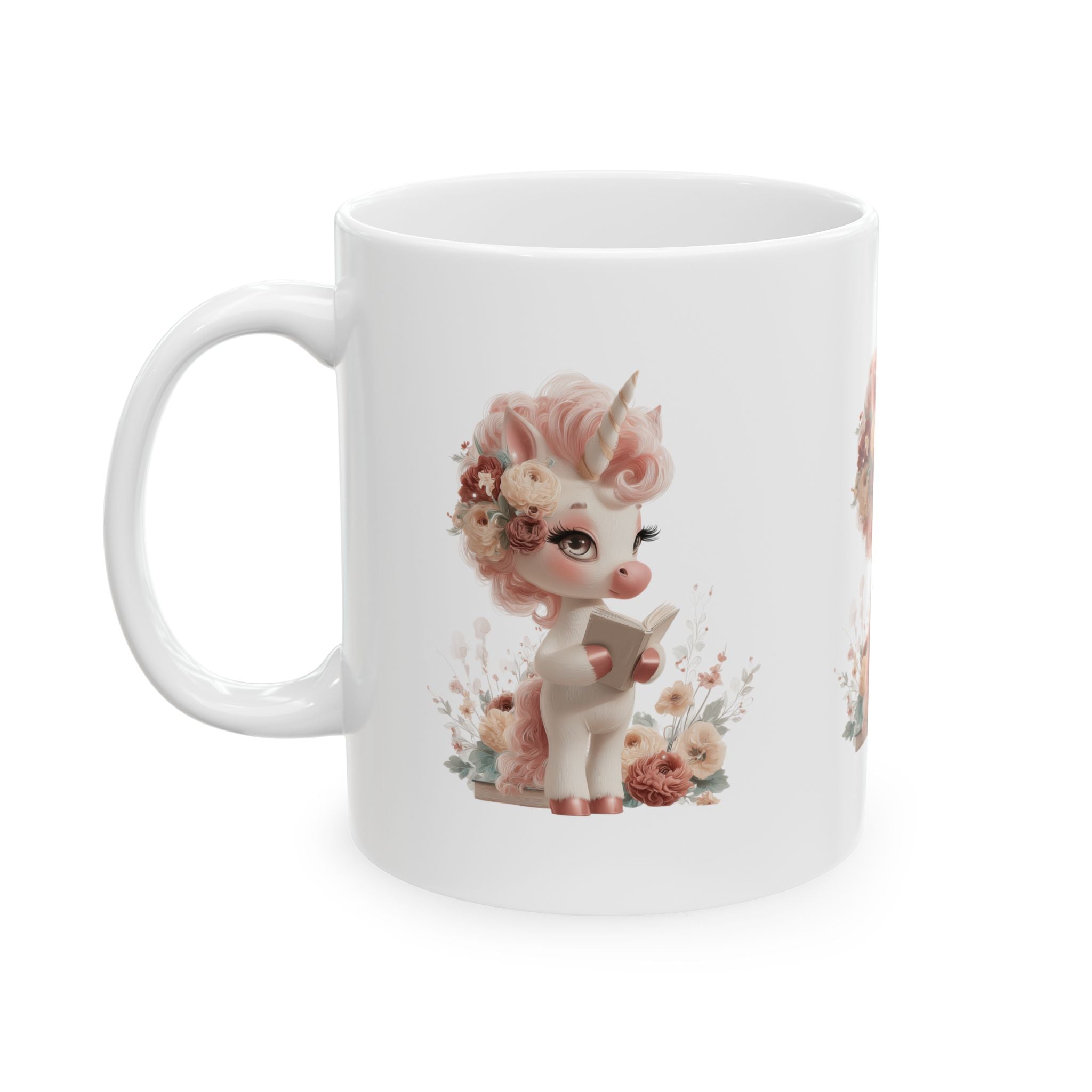 Unicorn Coffee Mug, 11oz Pastel Floral Cup, Whimsical Reading Unicorn Mug