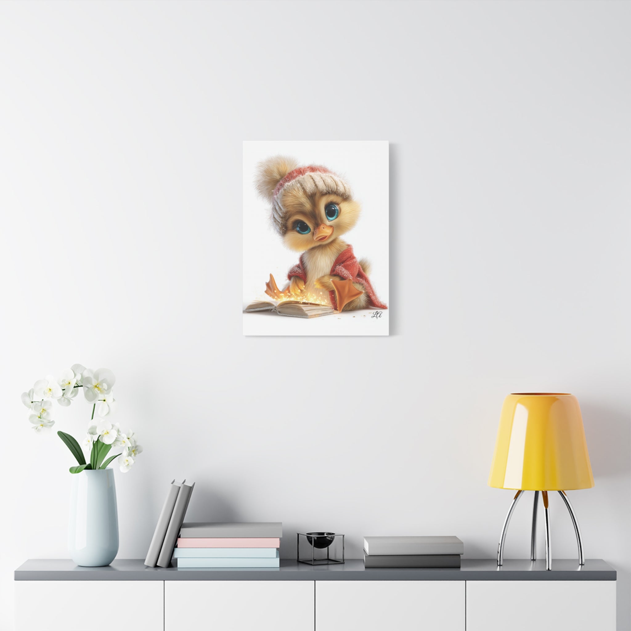 Winter Duckling Canvas Art, Cozy Chick Reading Book Print, Christmas Nursery Wall Decor, Storybook Kids Room Art