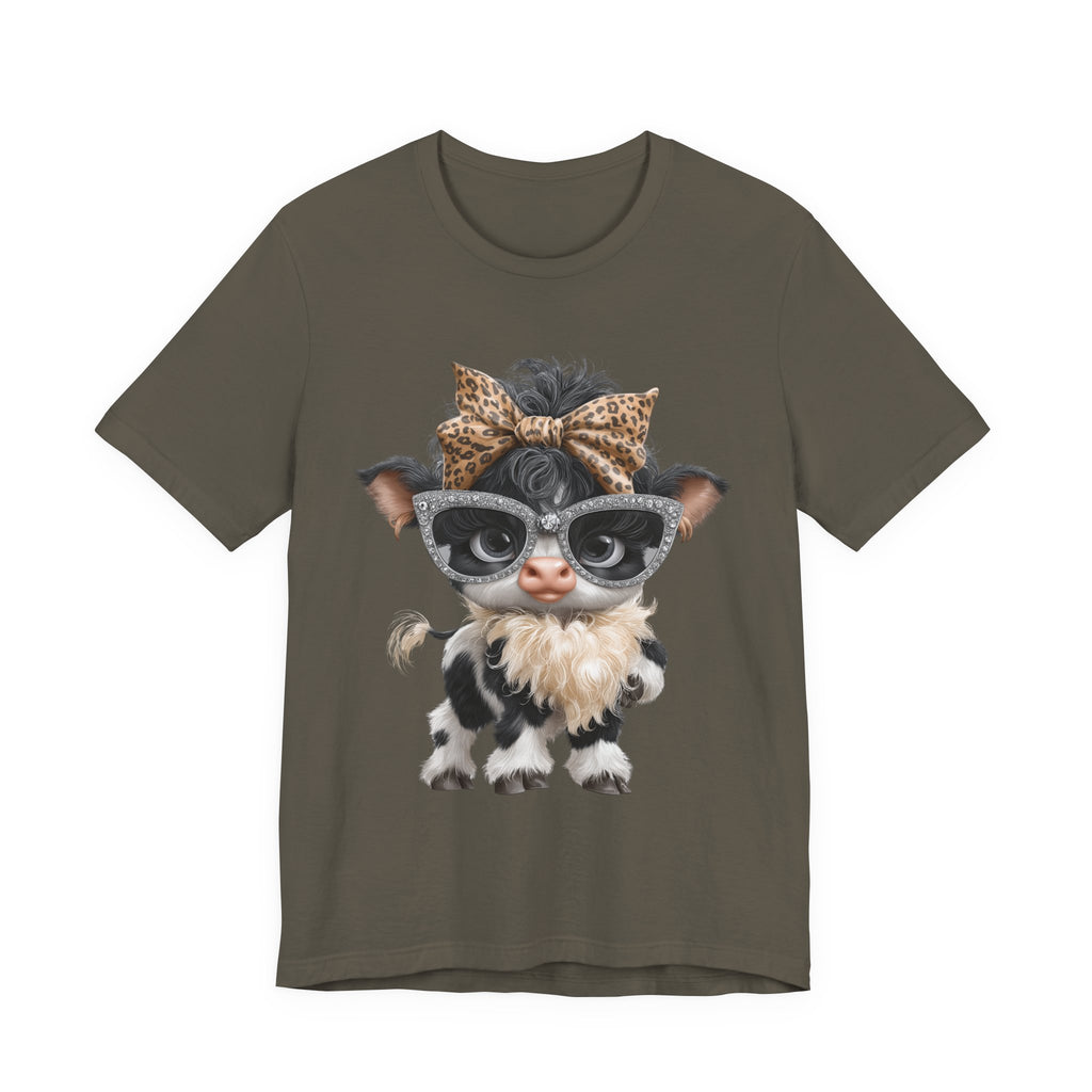 Stylish Cow Calf with Glasses and Leopard Bow T-Shirt