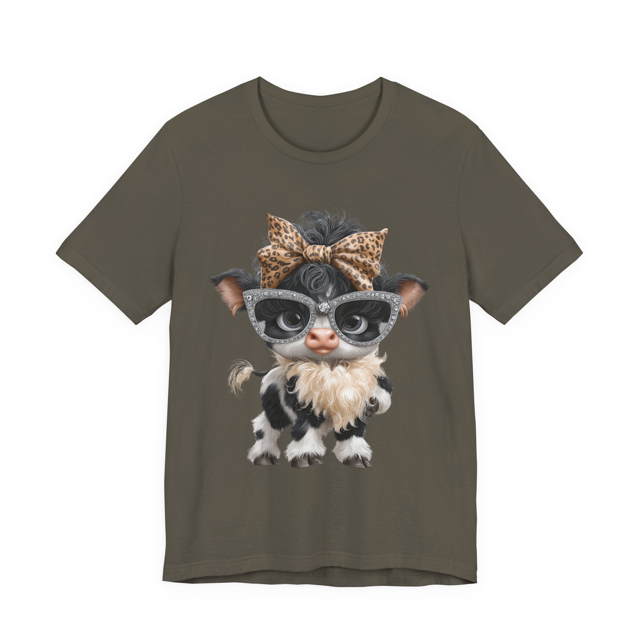 Stylish Cow Calf with Glasses and Leopard Bow T-Shirt