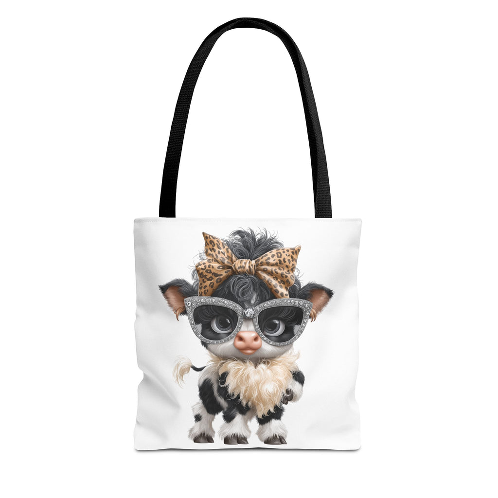 Fashion Cow Tote Bag, Stylish Calf with Leopard Bow and Sunglasses, Animal Art Bag