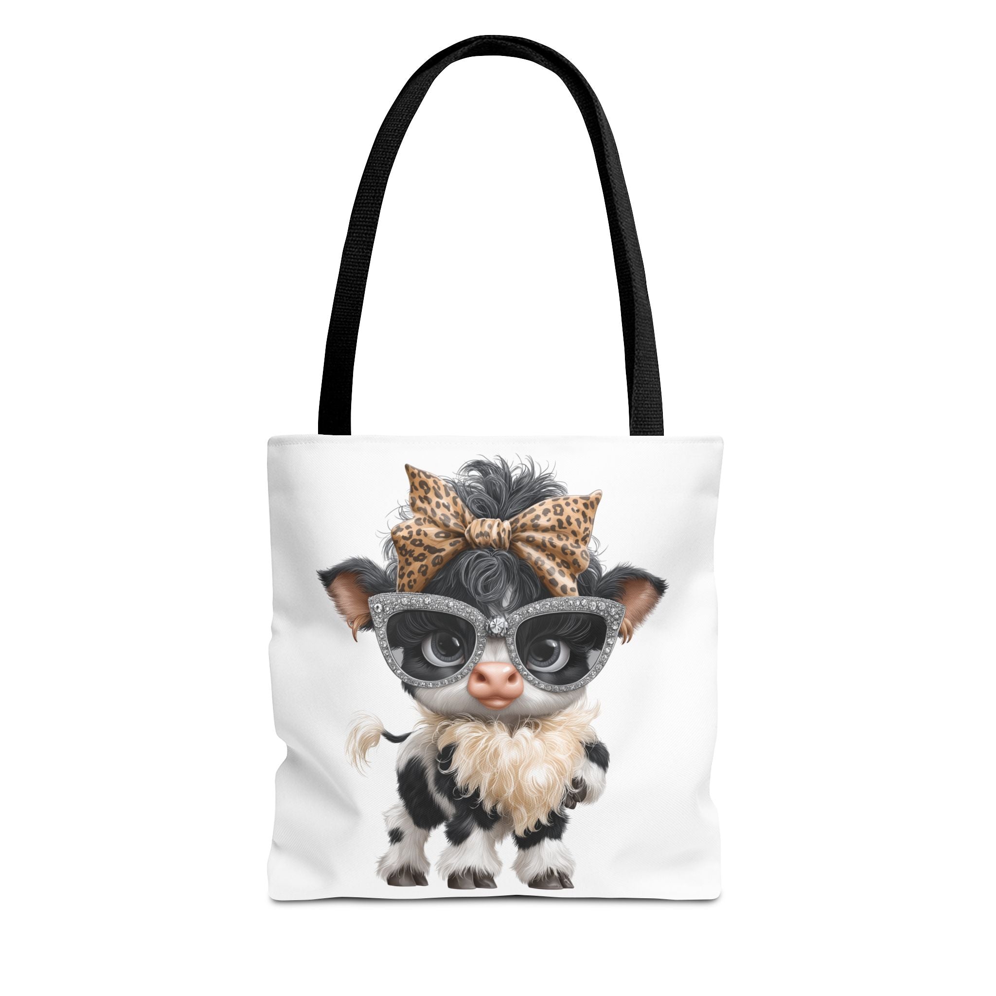 Fashion Cow Tote Bag, Stylish Calf with Leopard Bow and Sunglasses, Animal Art Bag