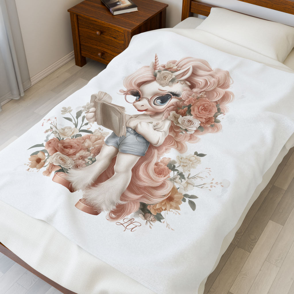 Unicorn Reading Plush Blanket | Velveteen Throw with Pastel Floral Design | Cozy Book Lover Gift | Kids Bedroom Decor