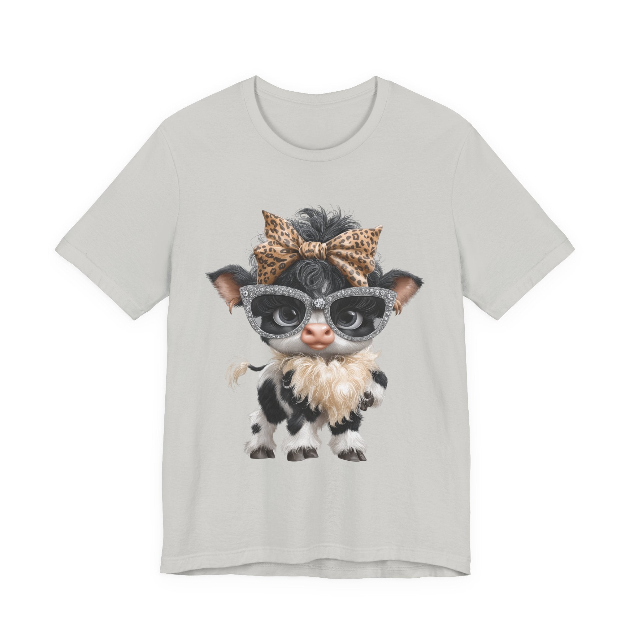 Stylish Cow Calf with Glasses and Leopard Bow T-Shirt