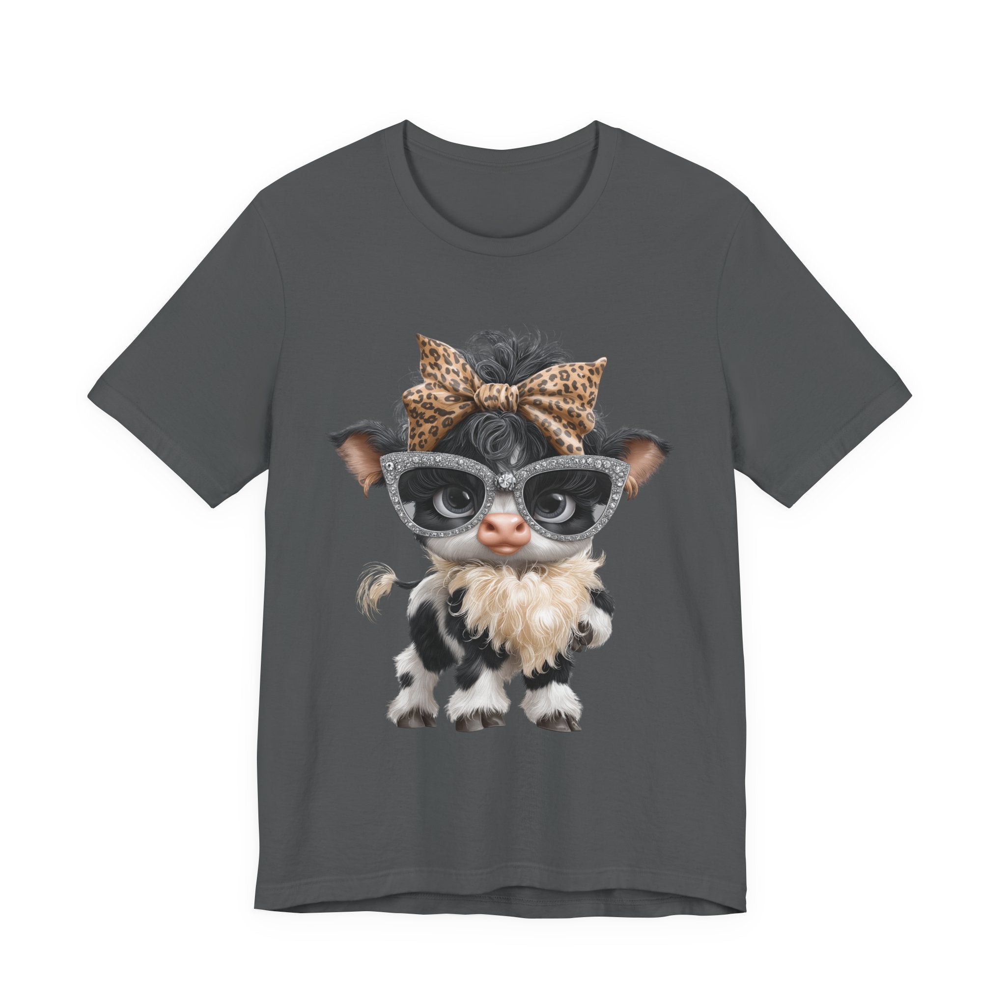 Stylish Cow Calf with Glasses and Leopard Bow T-Shirt