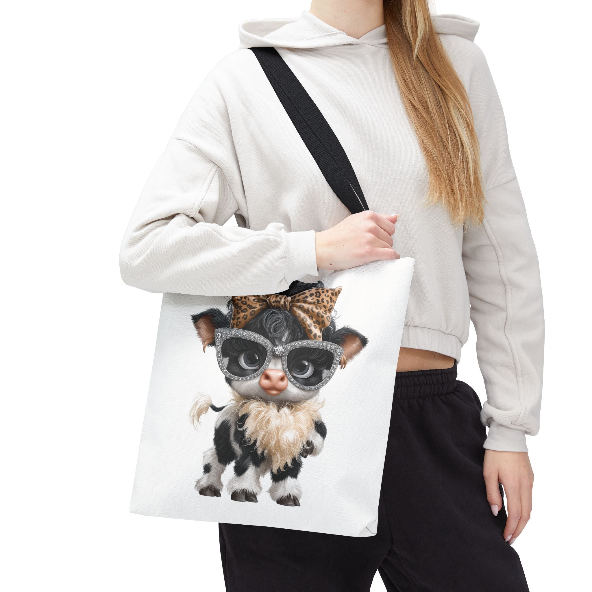 Fashion Cow Tote Bag, Stylish Calf with Leopard Bow and Sunglasses, Animal Art Bag