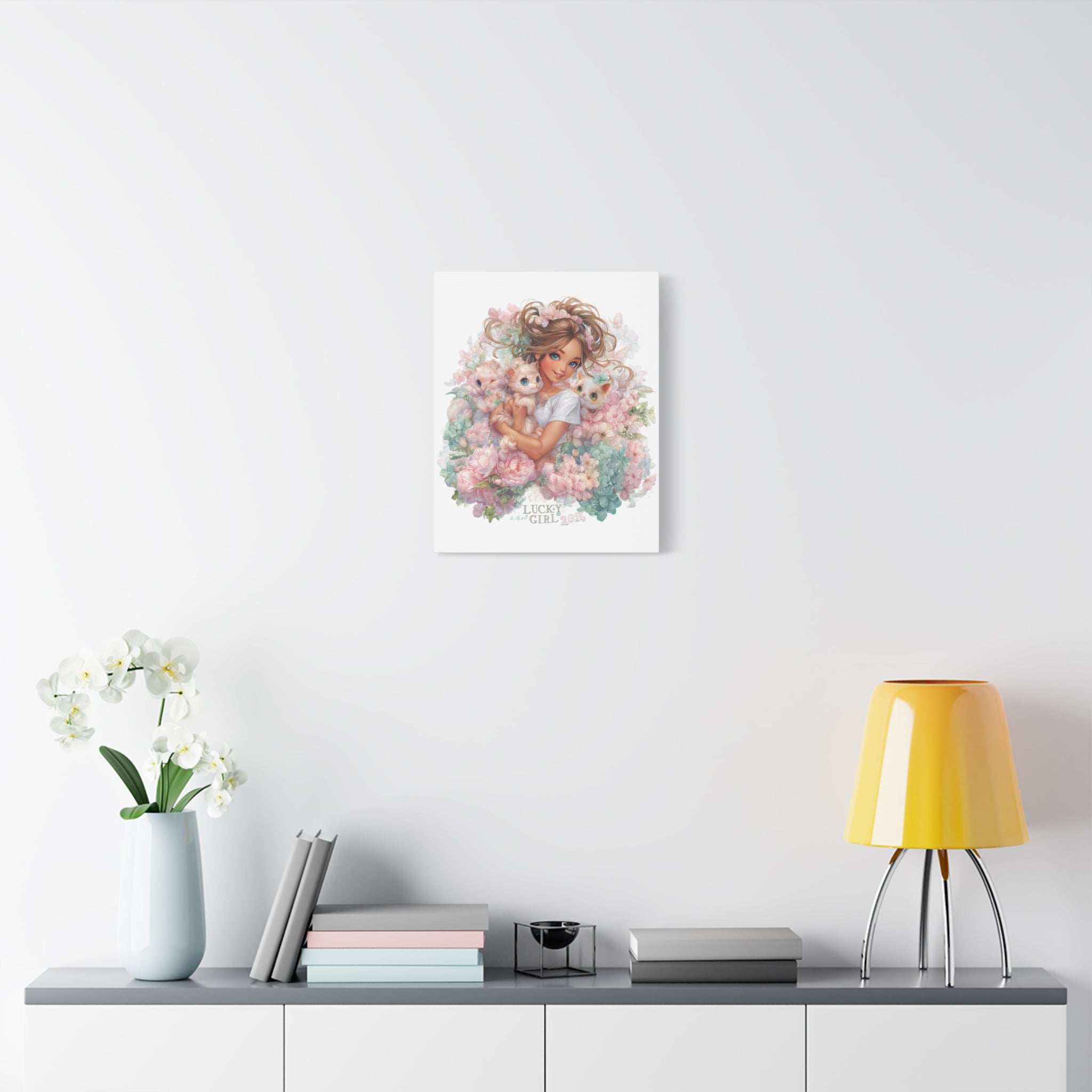 Lucky Girl 2026 Canvas Wall Art | Girl with Kittens Floral Print | Pastel Cute Aesthetic Decor | Kawaii Cat Lover Gift