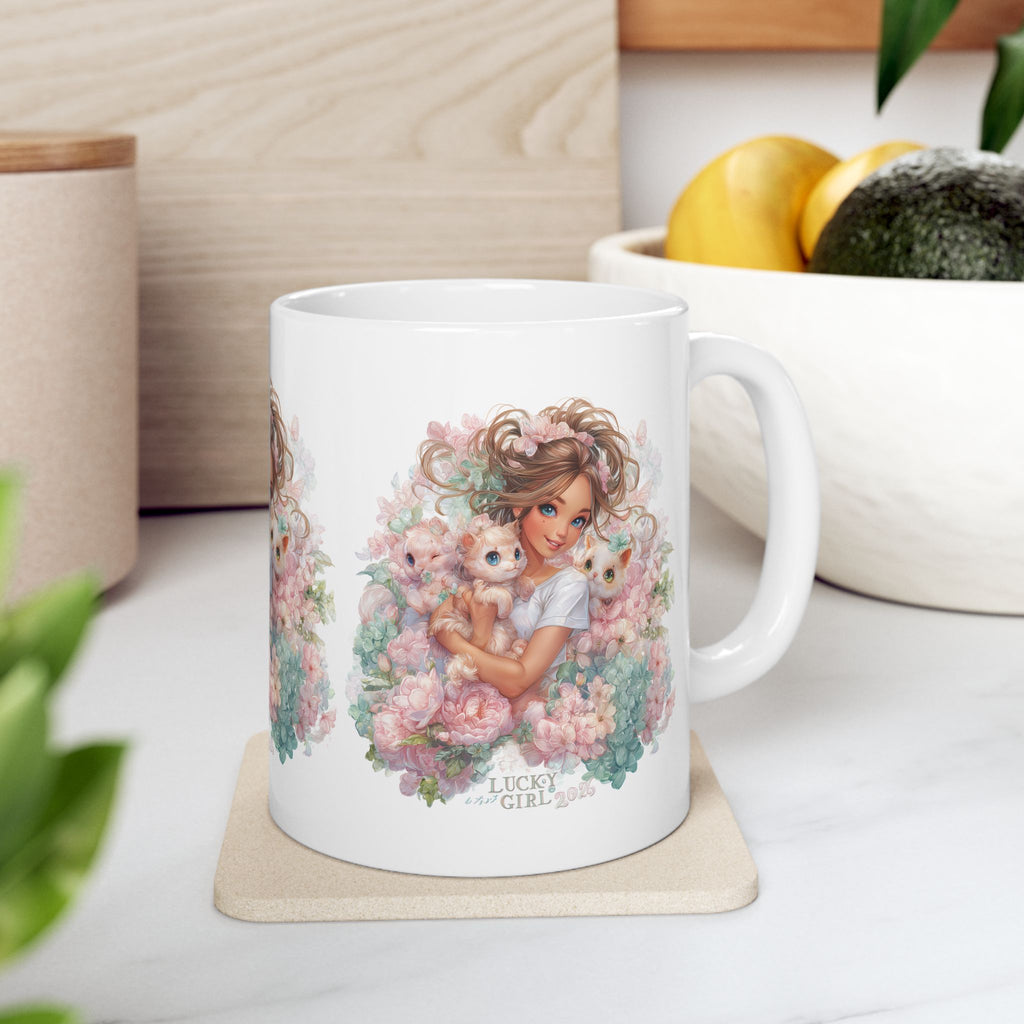 Lucky Girl 2026 All Over Print Mug | Pastel Floral Pattern Cup | Kawaii Cat Lover Gift | Manifestation Coffee Mug