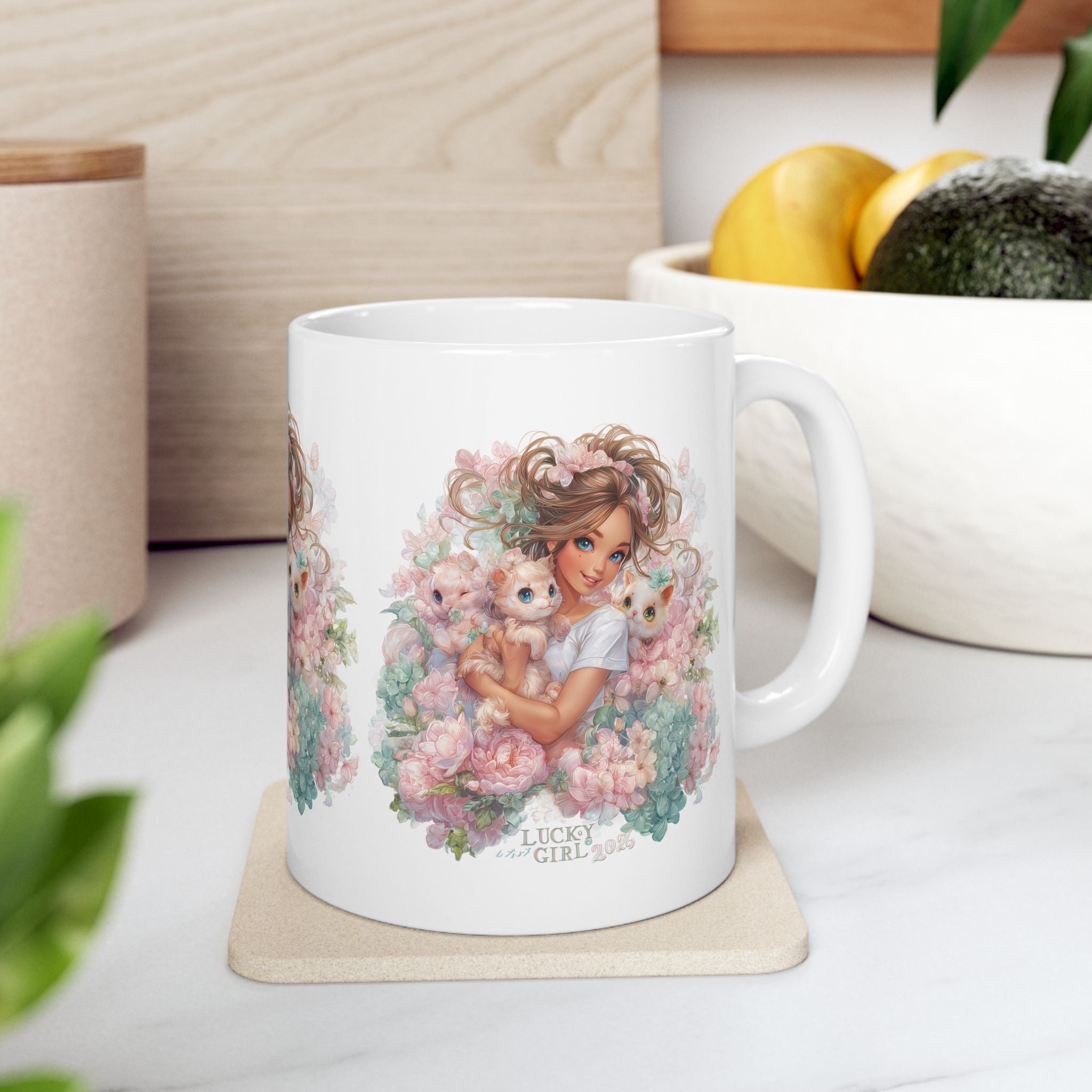 Lucky Girl 2026 All Over Print Mug | Pastel Floral Pattern Cup | Kawaii Cat Lover Gift | Manifestation Coffee Mug